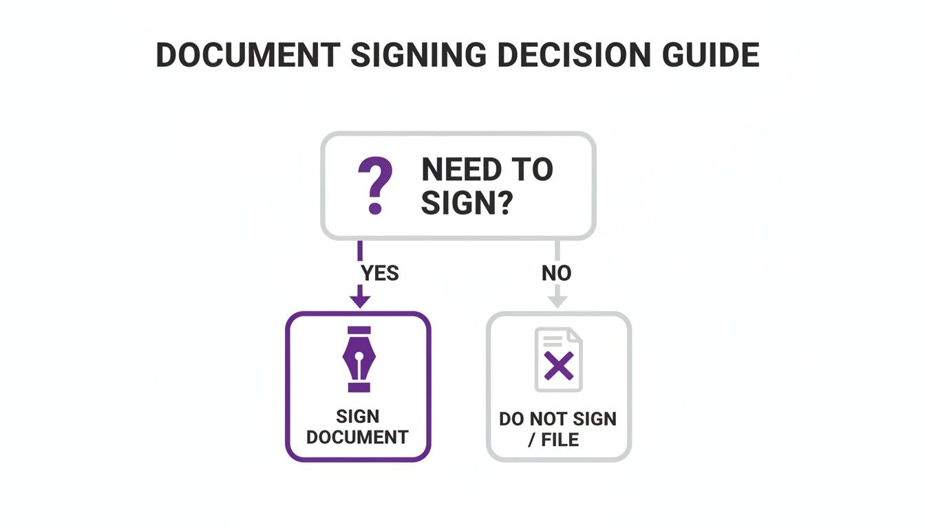 A flowchart titled 'Document Signing Decision Guide' showing a 'Need to Sign?' question leading to 'Sign Document' or 'Do Not Sign / File' options.