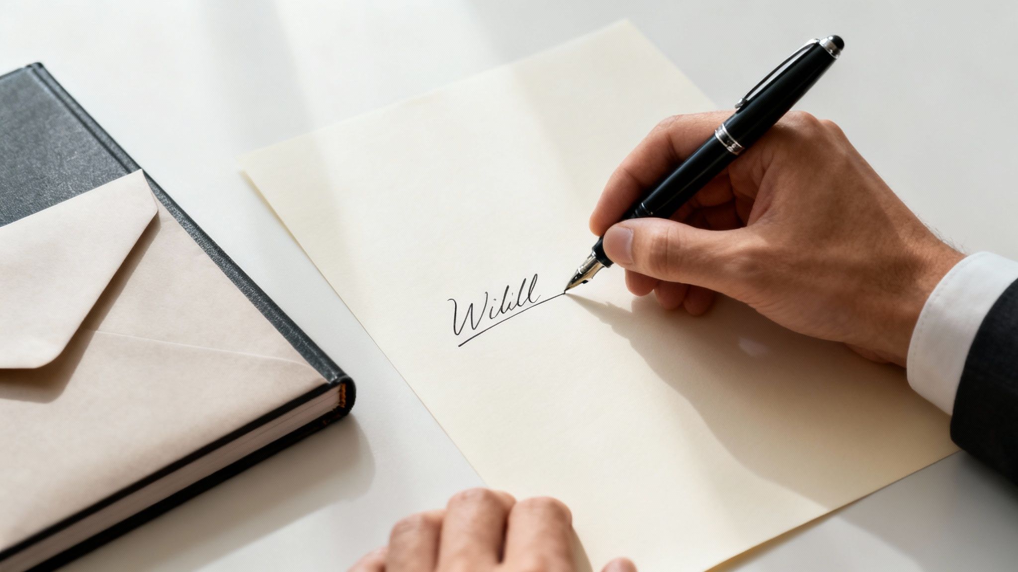 A person's hand writes 'Will' on a document with a fountain pen, next to an envelope.