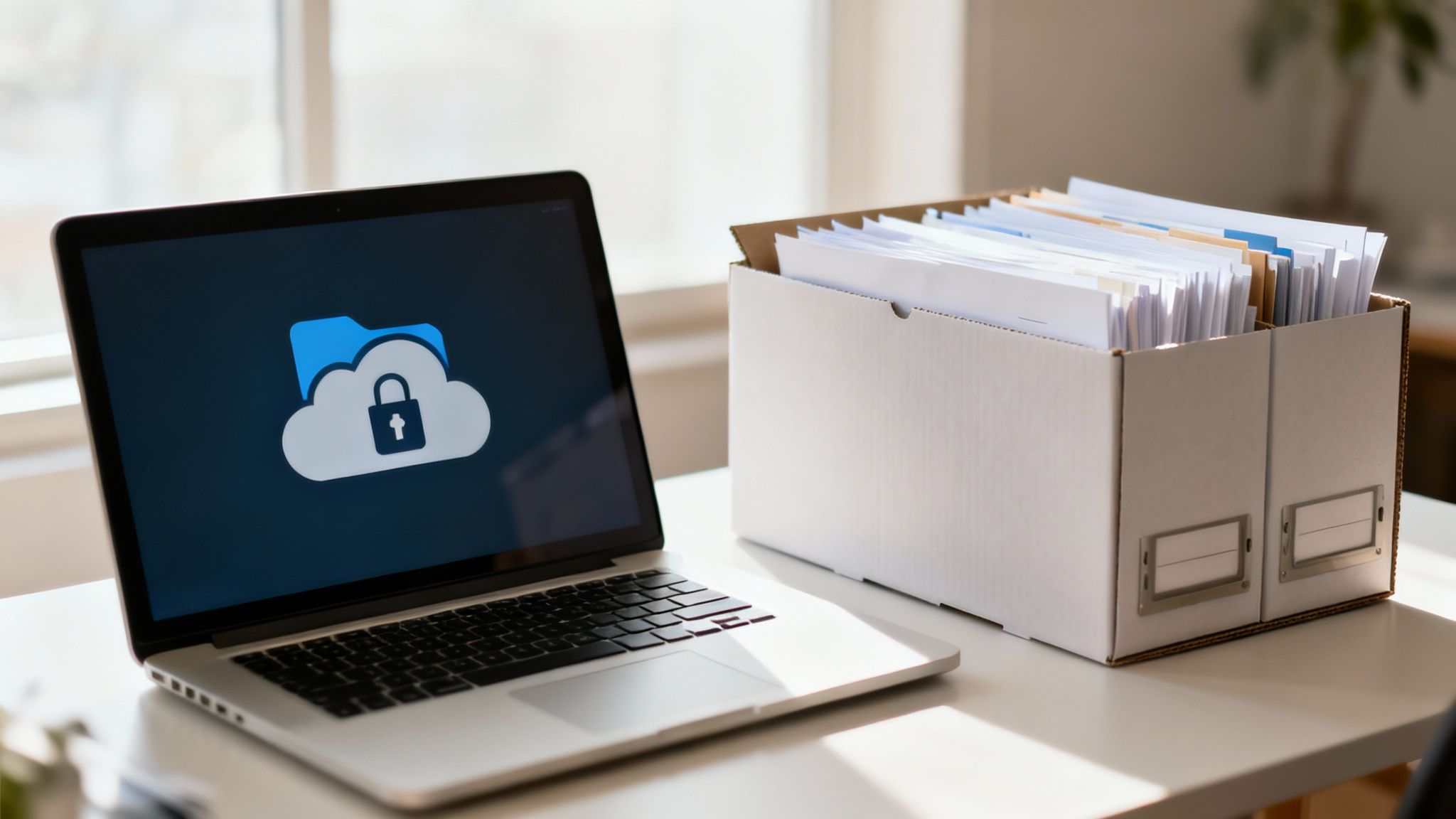 A laptop screen shows a secure cloud storage icon next to a box of paper documents.