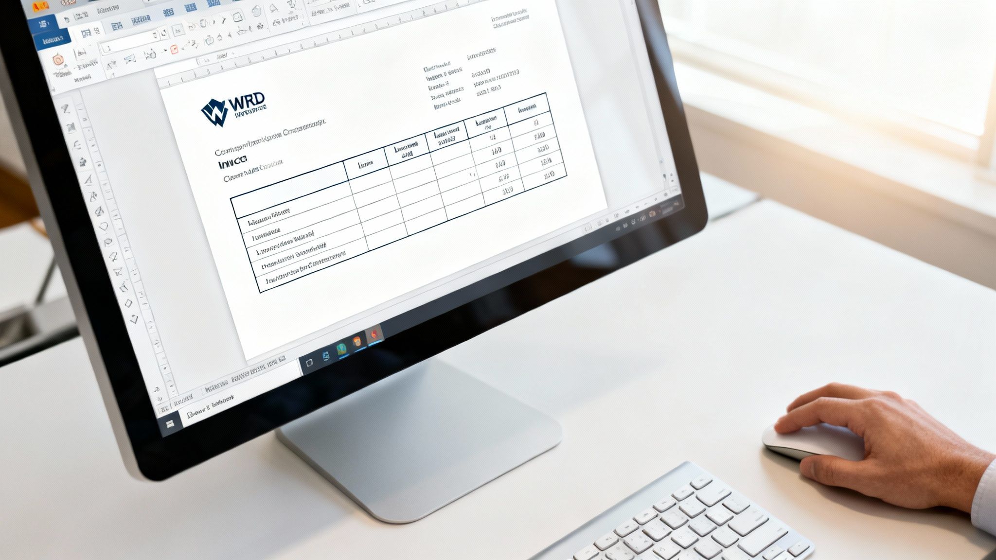 A person views an invoice document on a computer screen, working with a mouse.
