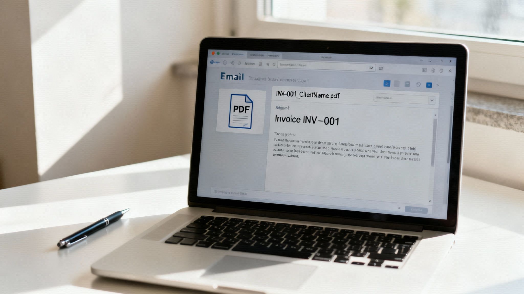 Close-up of a laptop screen displaying an email with a PDF invoice attachment on a white desk.