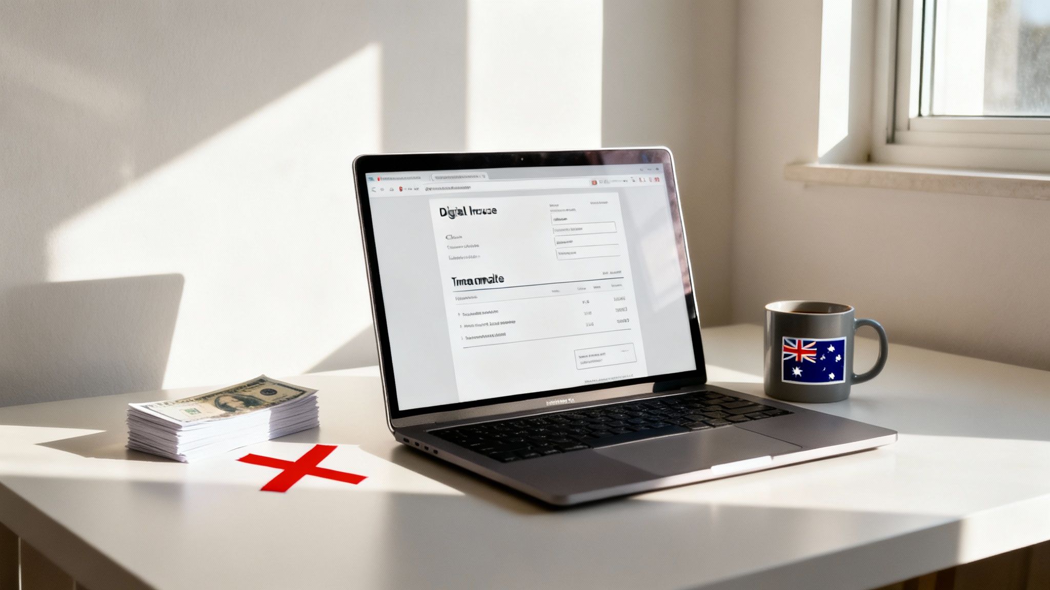 A laptop showing a digital invoice next to a stack of money and an Australian flag mug.