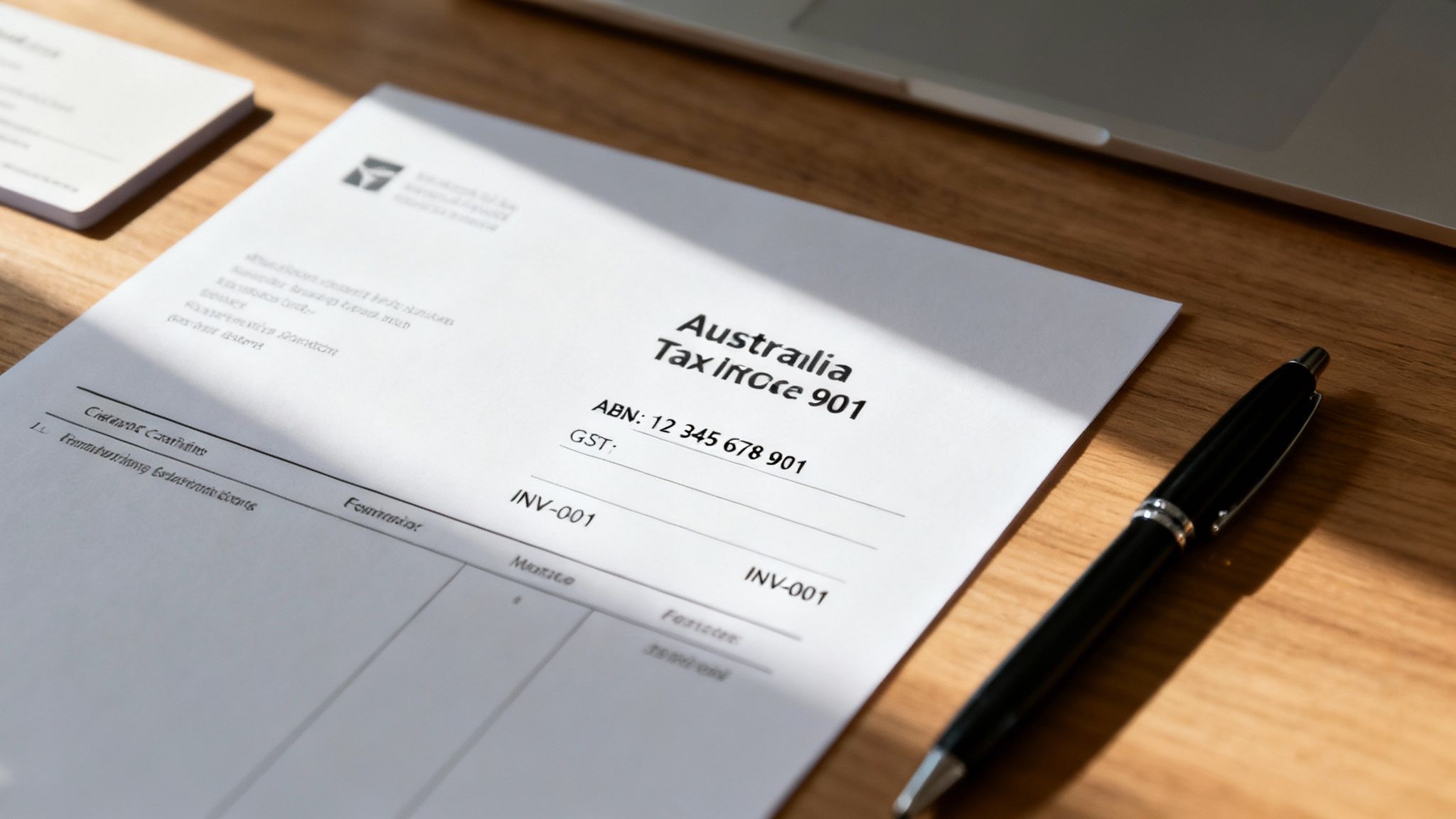 An Australian tax invoice form with ABN and GST details, a pen, and a laptop on a wooden desk.