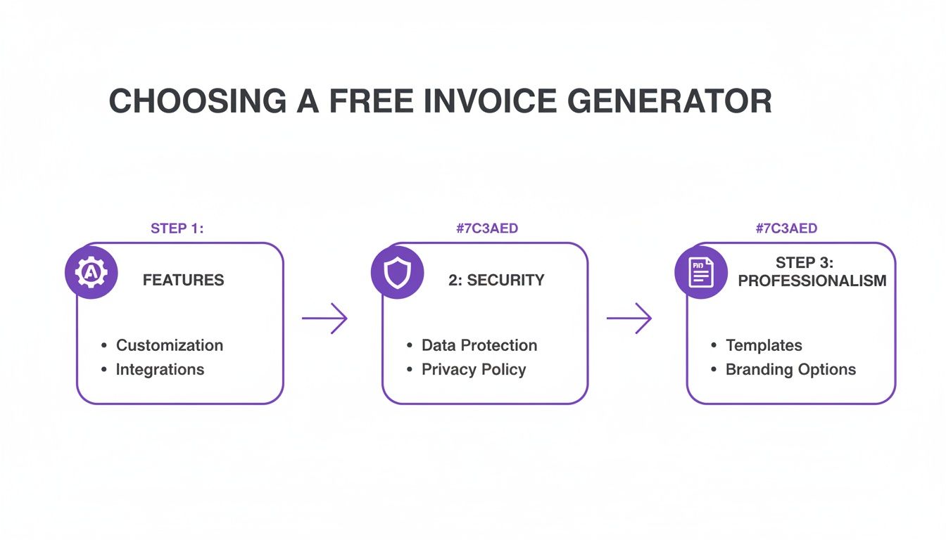A three-step infographic outlining how to choose a free invoice generator, focusing on features, security, and professionalism.