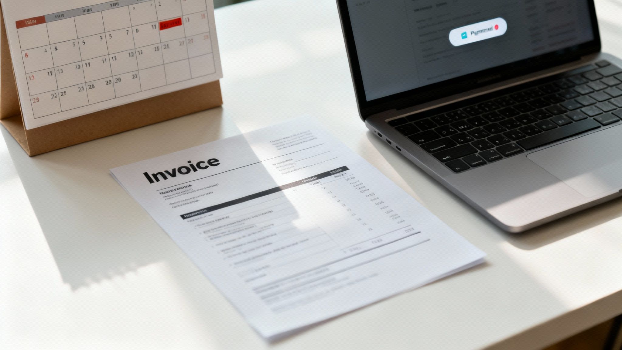 A professional desk setup featuring a laptop, a paper invoice document, and a calendar, under natural light.