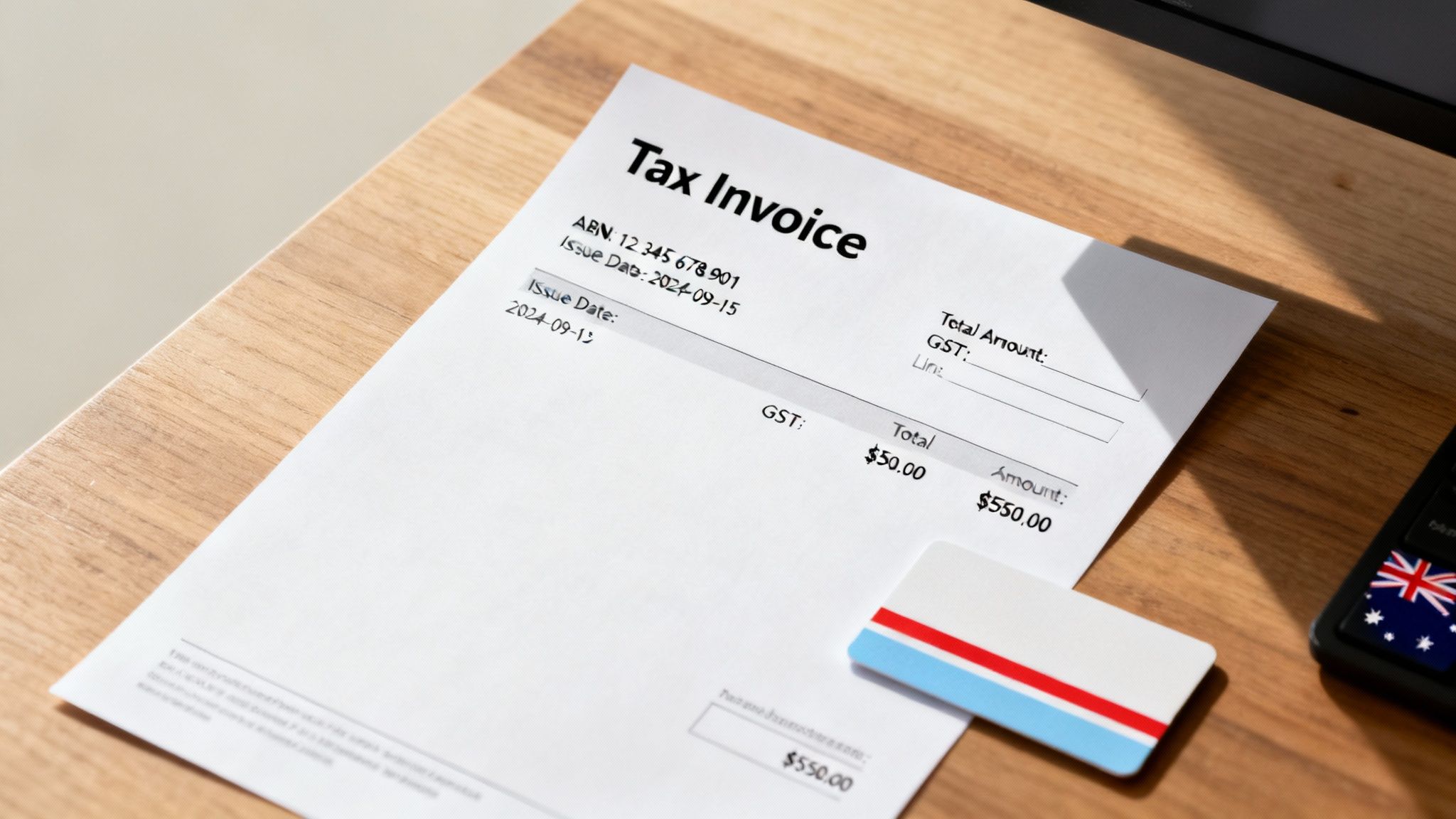Close-up of a tax invoice on a wooden desk showing payment details and an Australian flag on a keyboard.