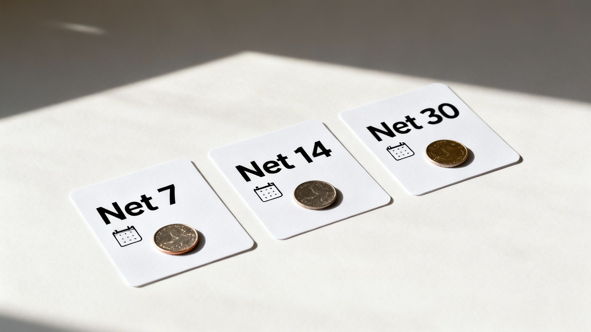 Three white cards displaying 'Net 7', 'Net 14', 'Net 30' payment terms with calendar icons and coins.