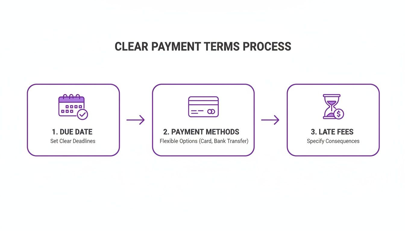 Infographic illustrating a clear payment terms process with steps for due dates, payment methods, and late fees.