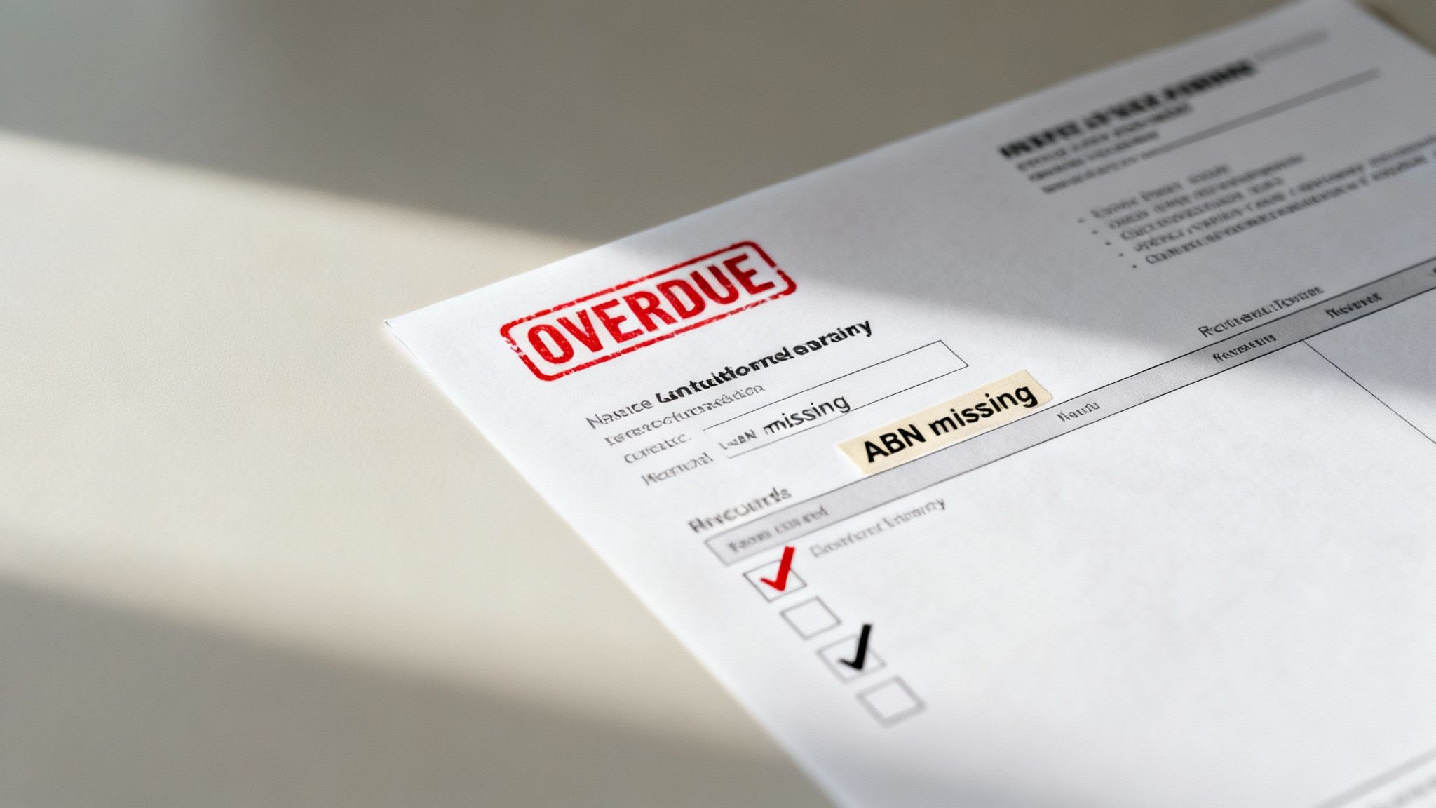 A close-up of a white document with a red 'OVERDUE' stamp and a yellow label 'ABN missing'.