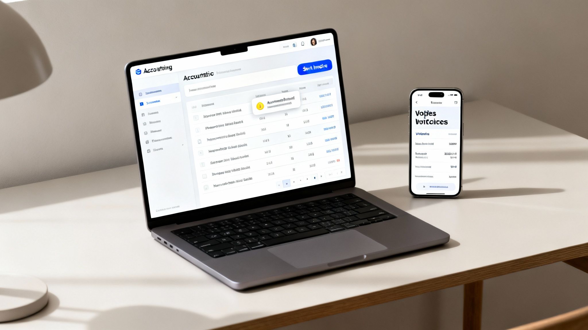 Modern devices on a desk show digital invoicing software, enhancing accounting workflows.