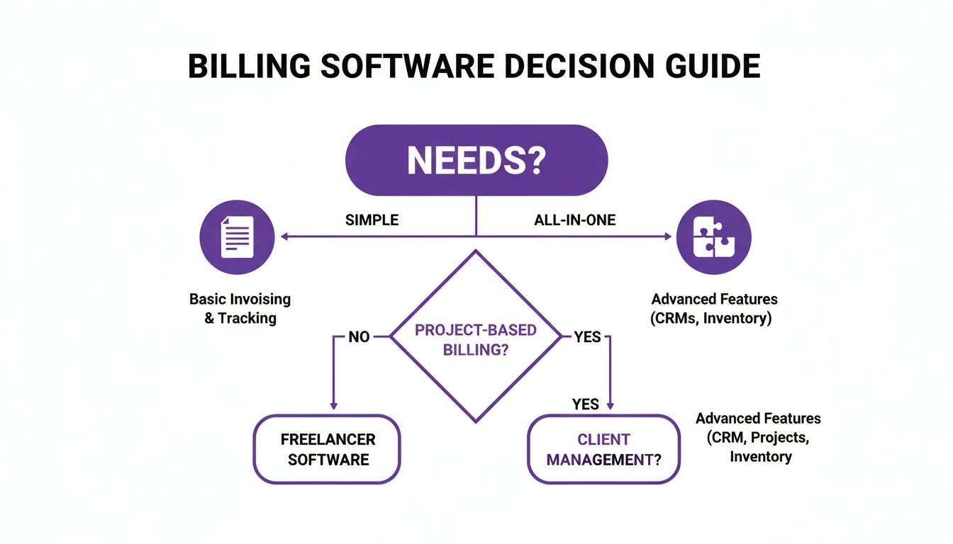 A flowchart guiding the decision for billing software based on simple or all-in-one needs.