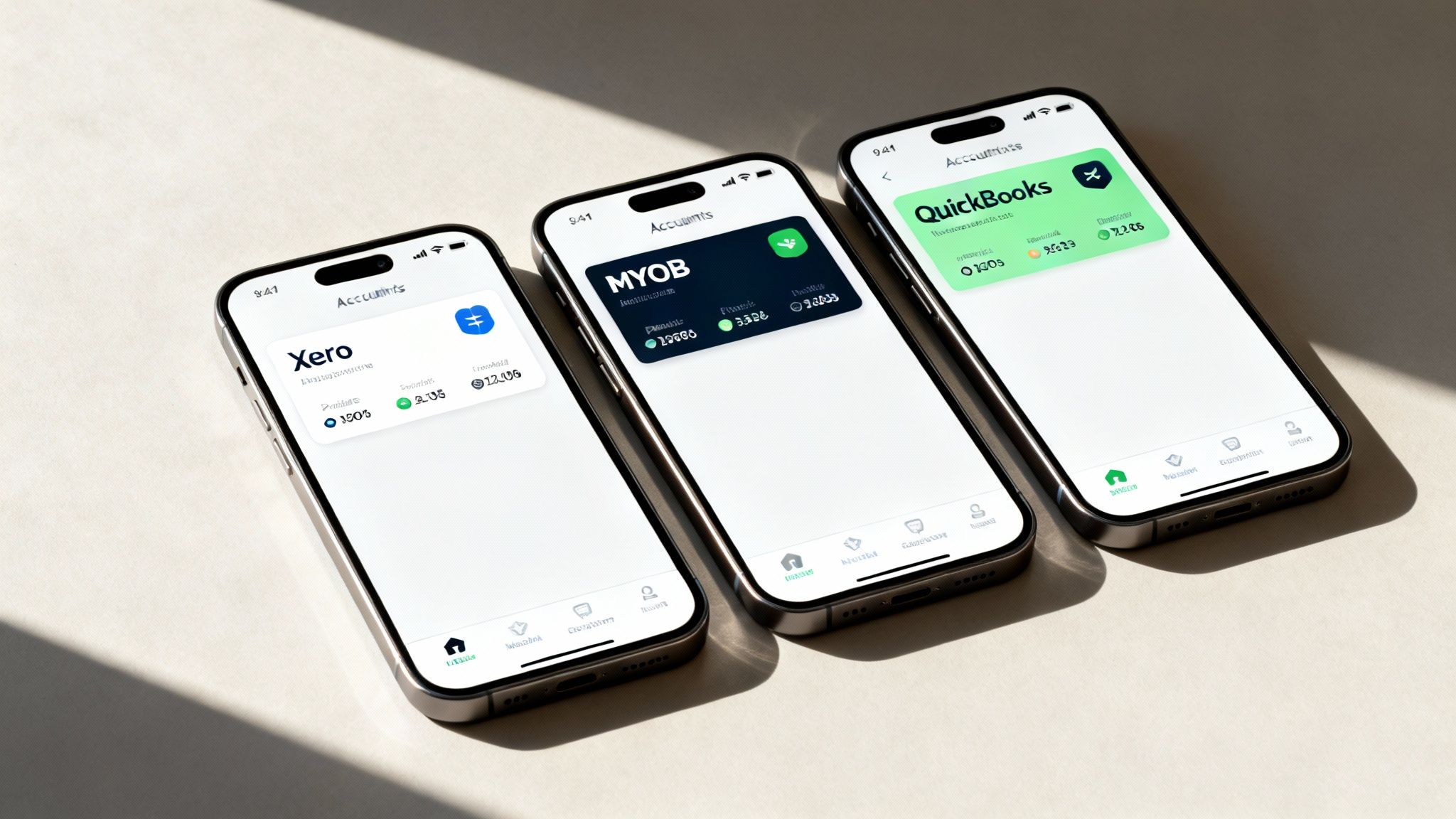 Three iPhones displaying financial accounting software apps, including Xero, MYOB, and QuickBooks.