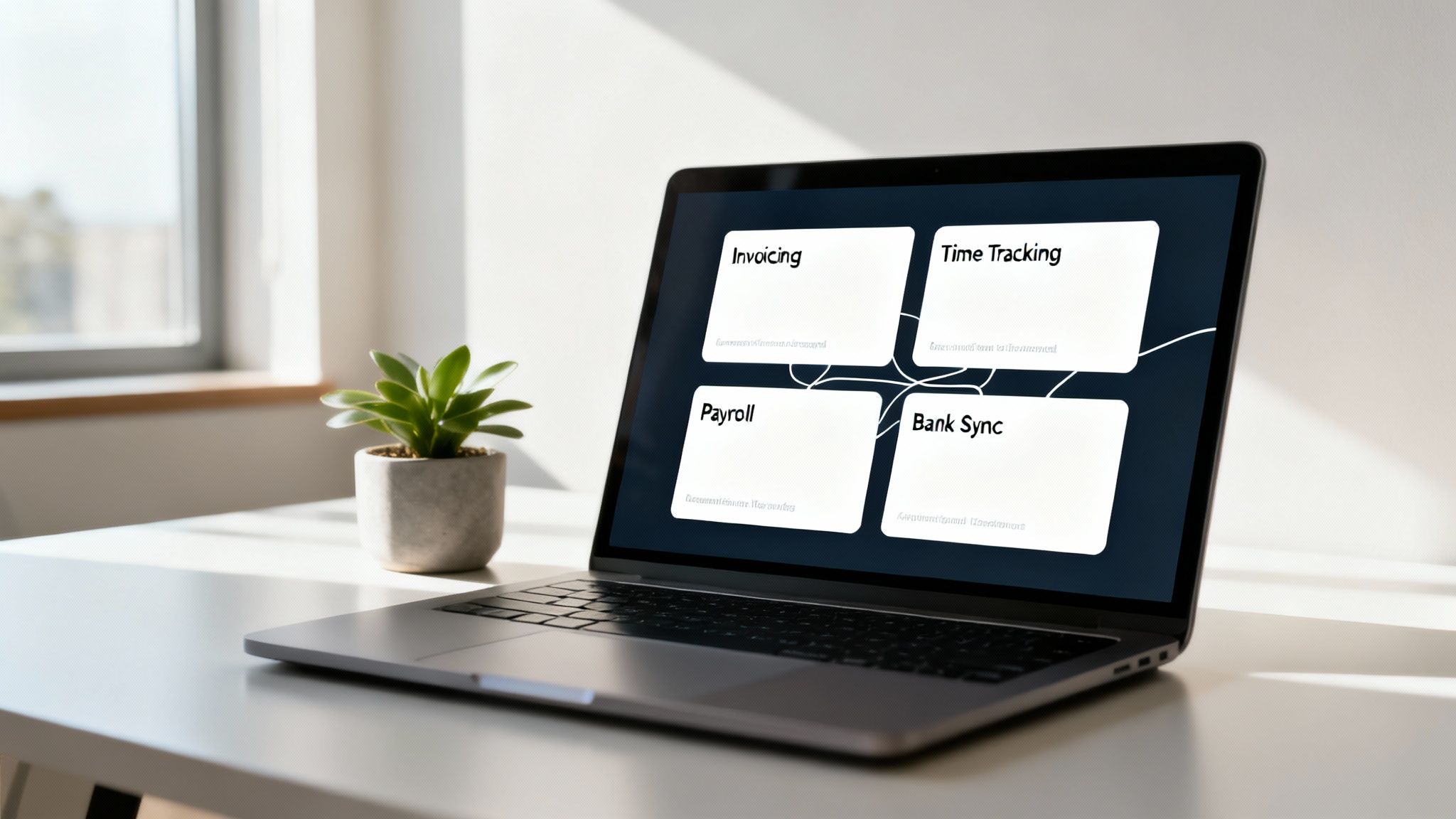 Laptop displaying business accounting software with Invoicing, Time Tracking, Payroll, and Bank Sync features.