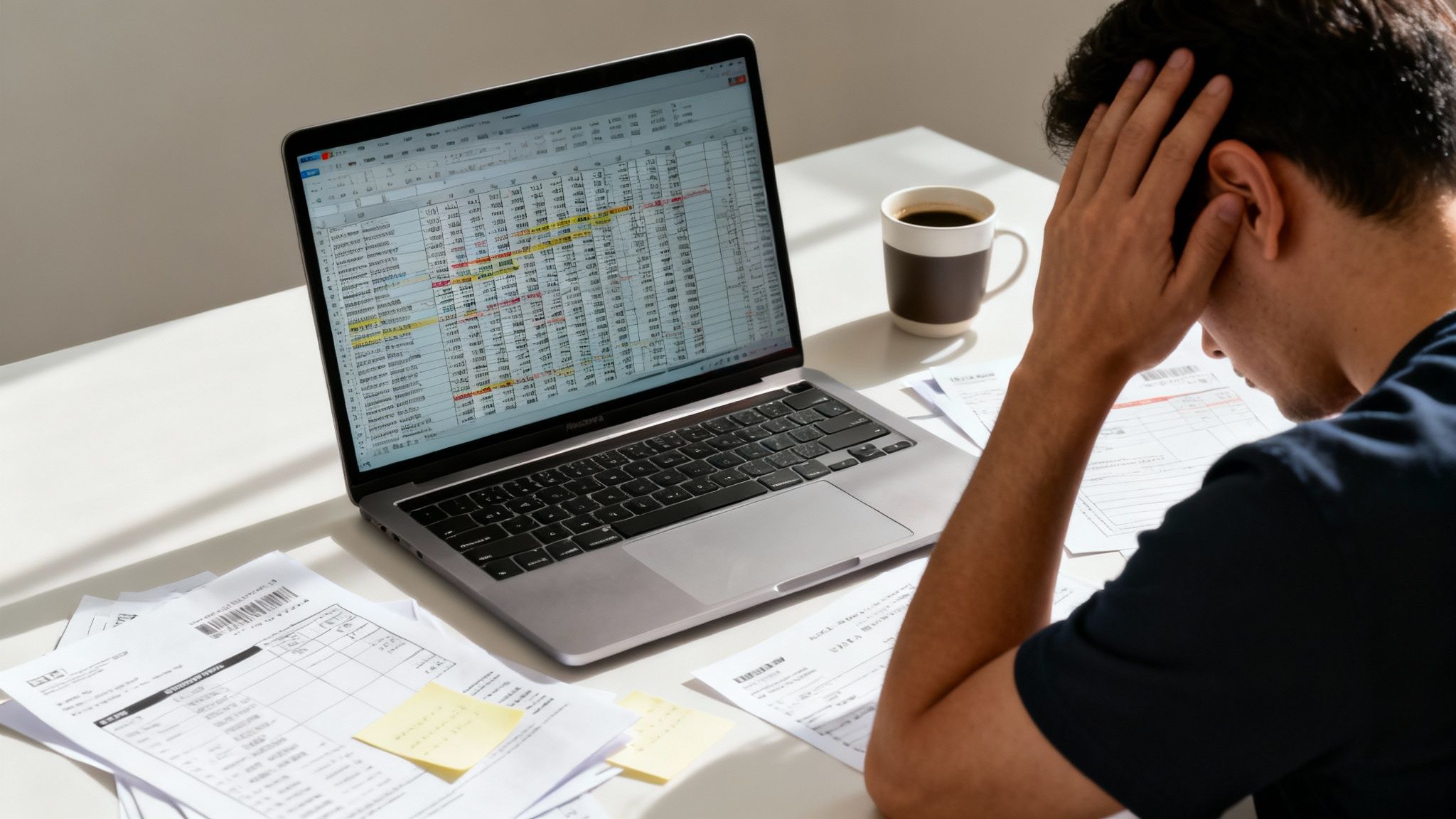 A man looks stressed while reviewing a financial spreadsheet on a laptop and paper bills.