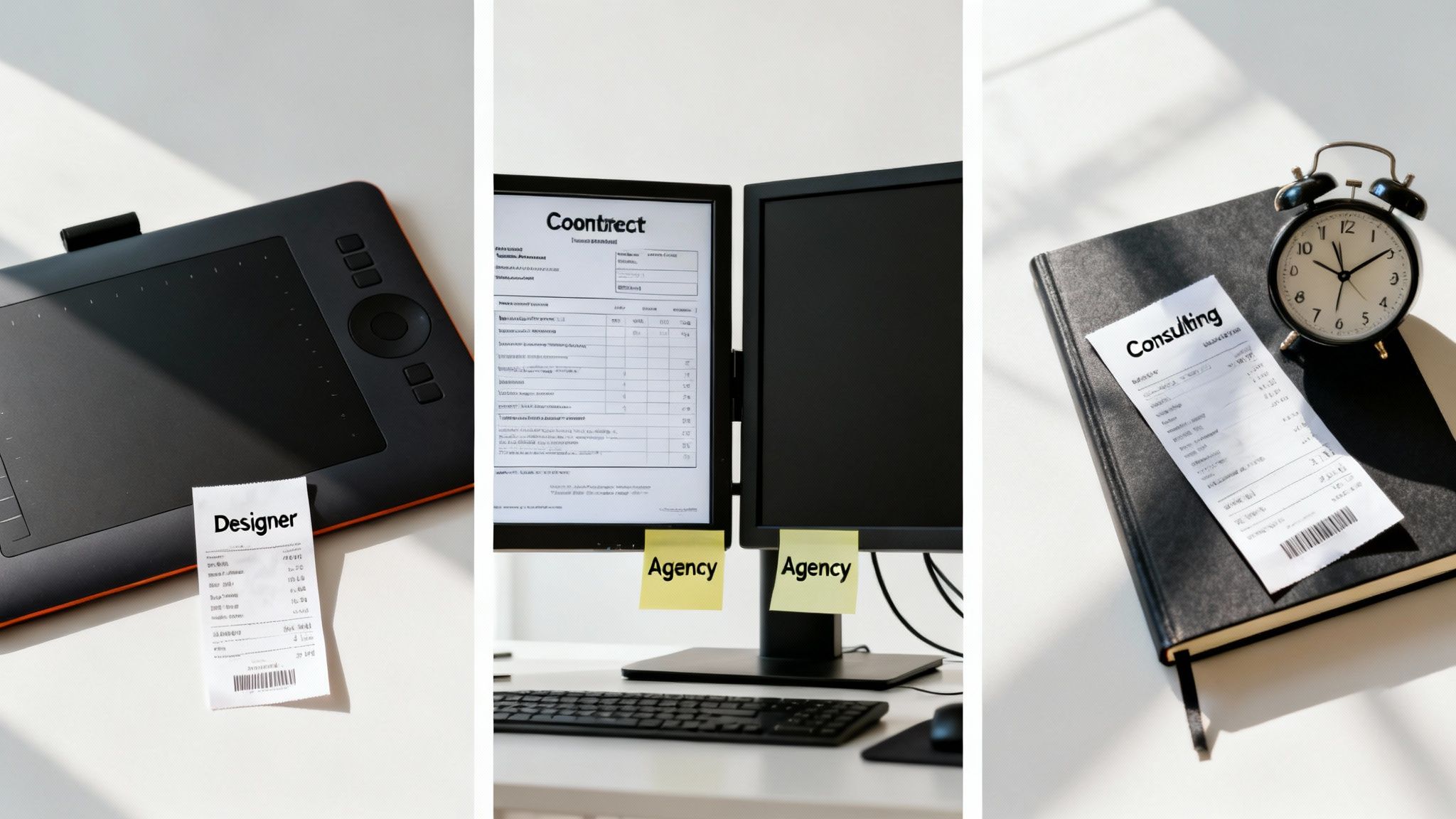 Work setups for designer, agency, and consulting, featuring receipts and an alarm clock.