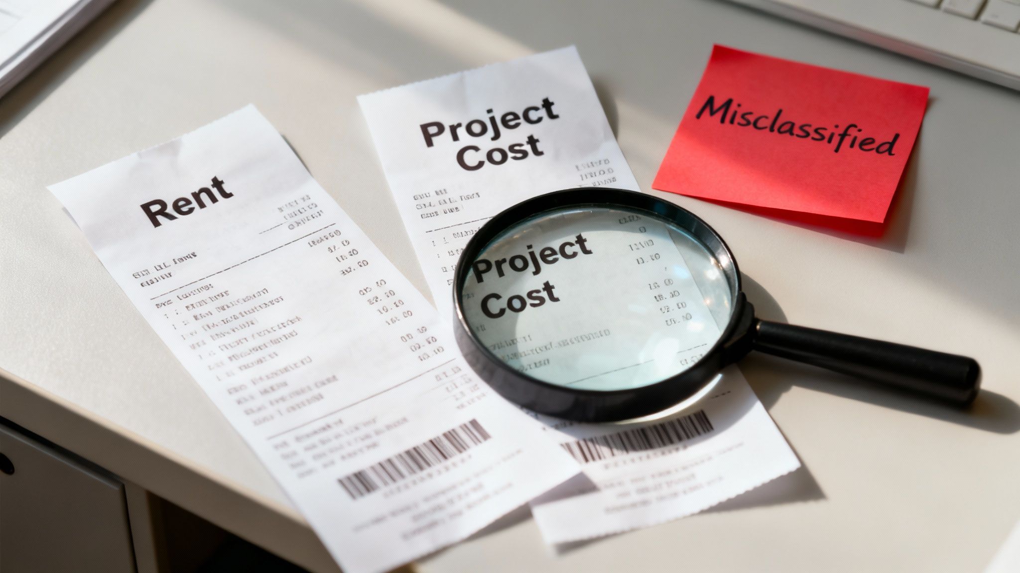 A magnifying glass inspecting receipts for rent and project costs, with a 'Misclassified' note.