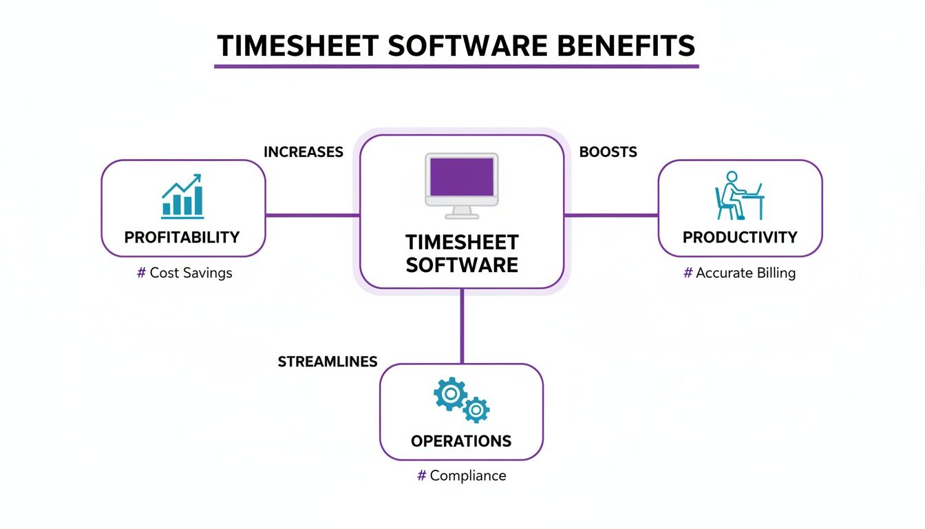 Diagram showing the benefits of timesheet software: increases profitability with cost savings, boosts productivity through accurate billing, and streamlines operations for compliance.