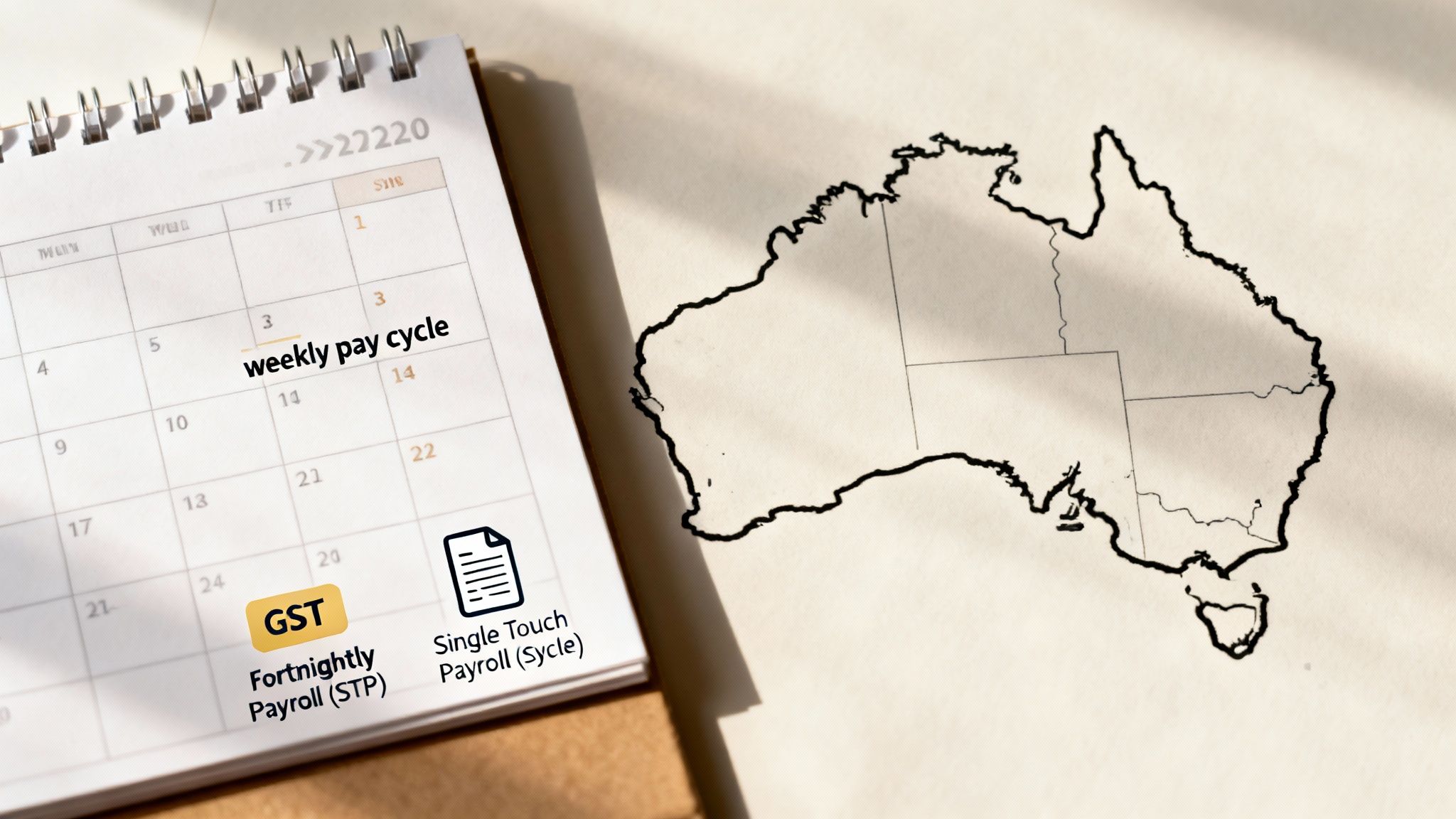 Calendar showing Australian payroll details like weekly/fortnightly pay cycles, GST, and Single Touch Payroll.