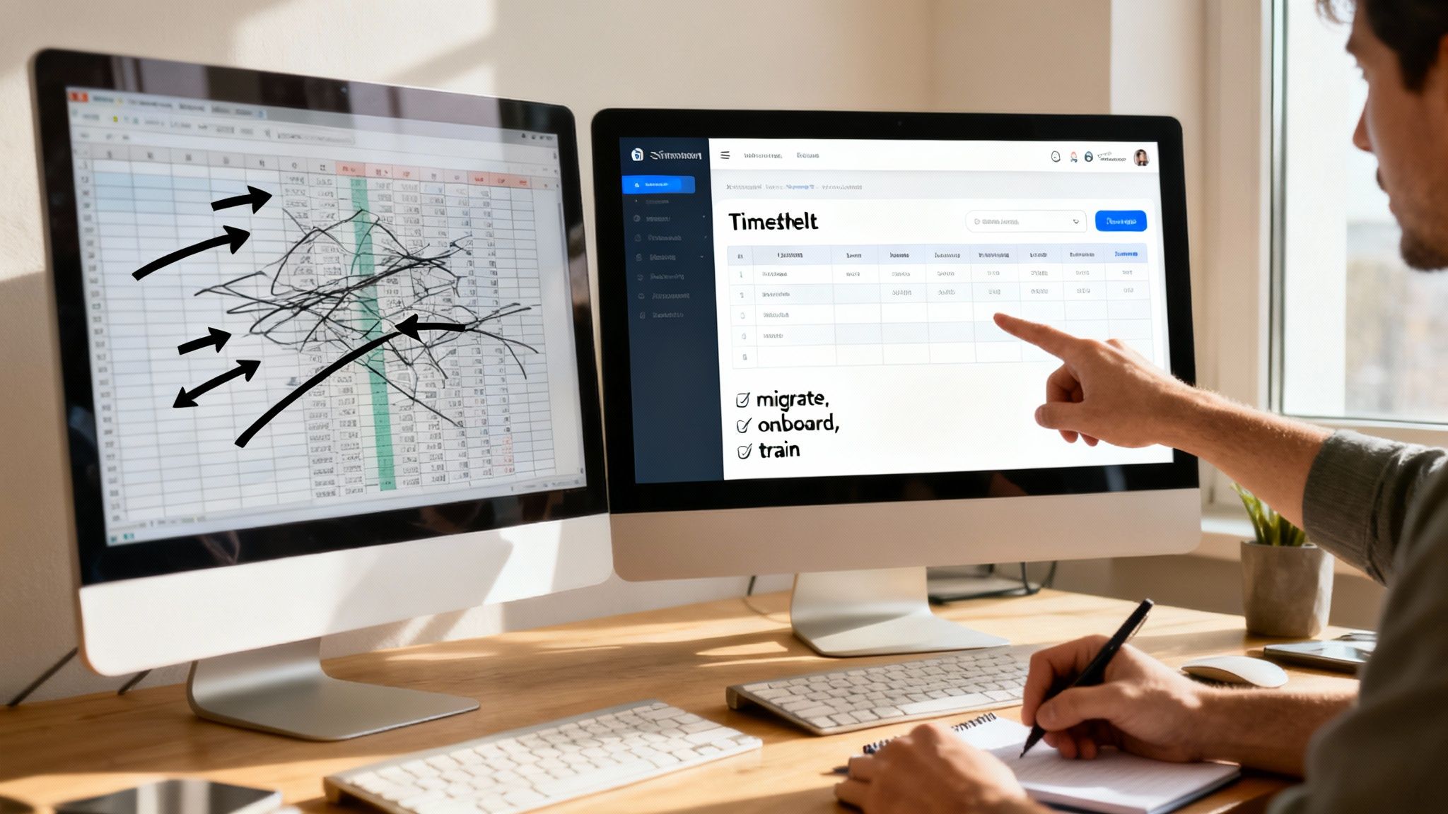 A man points at a clean timesheet software on a monitor, moving from a messy spreadsheet.