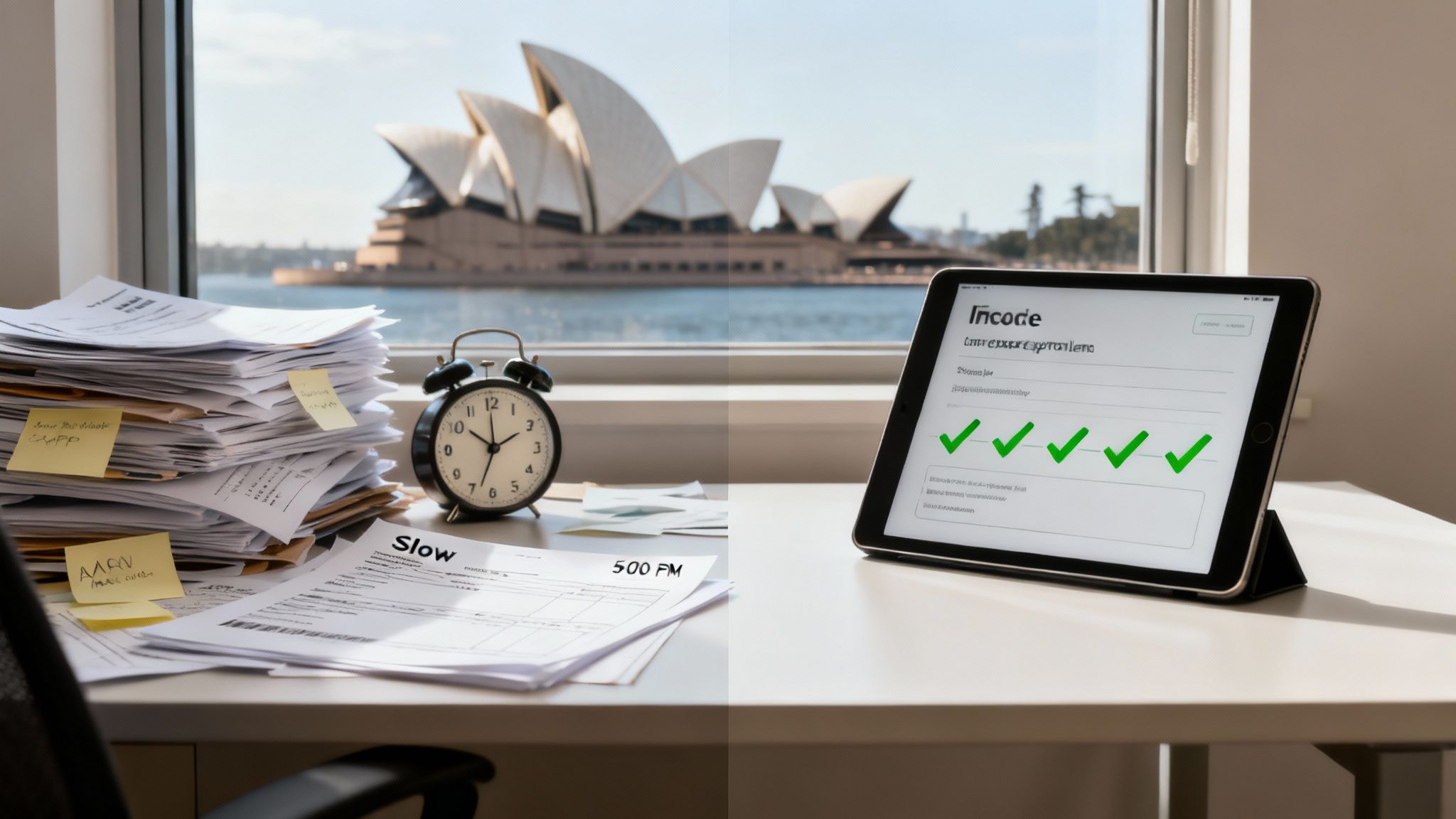 iPad shows automated accounts with green checks next to a stack of paper, overlooking Sydney.