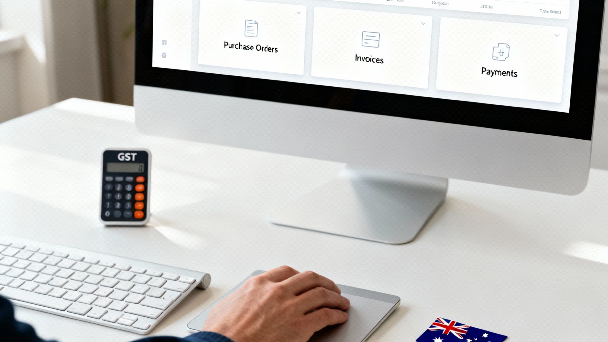 Person's hand using a trackpad next to a keyboard, with accounting software on a computer screen and a GST calculator.