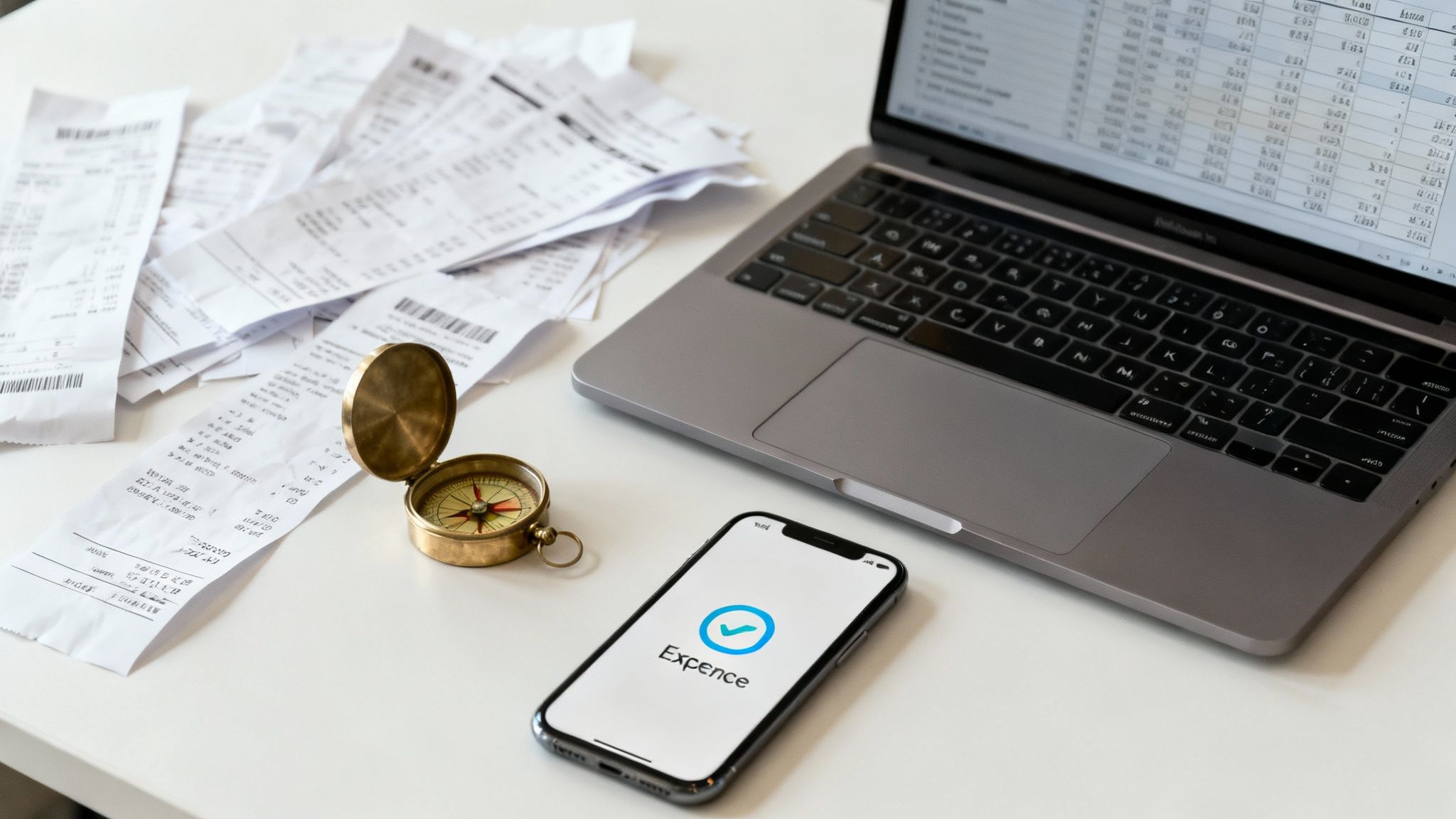 A desk with receipts, a laptop, a compass, and a smartphone showing an 'Expence' app.