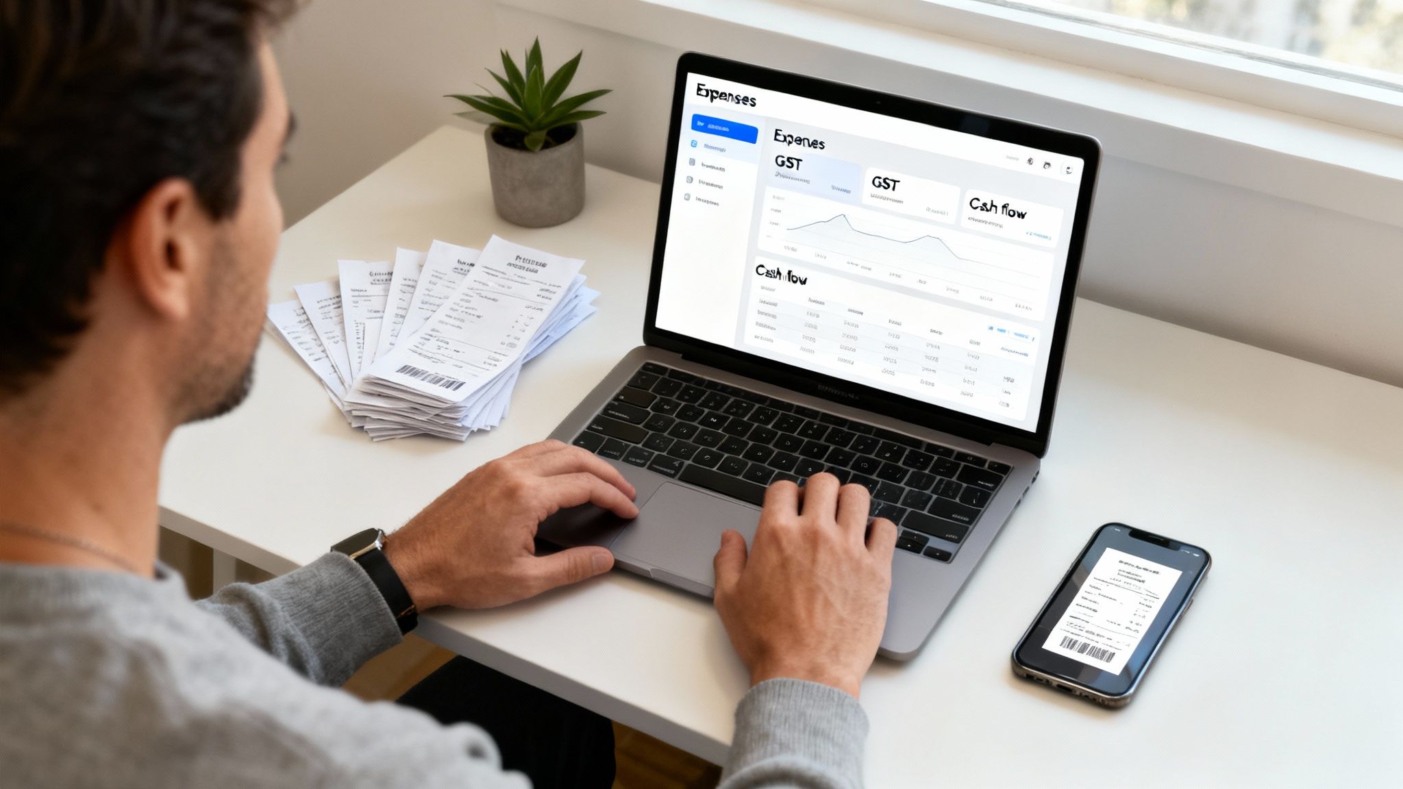 Man tracks expenses on a laptop, surrounded by receipts, using accounting software for cash flow.