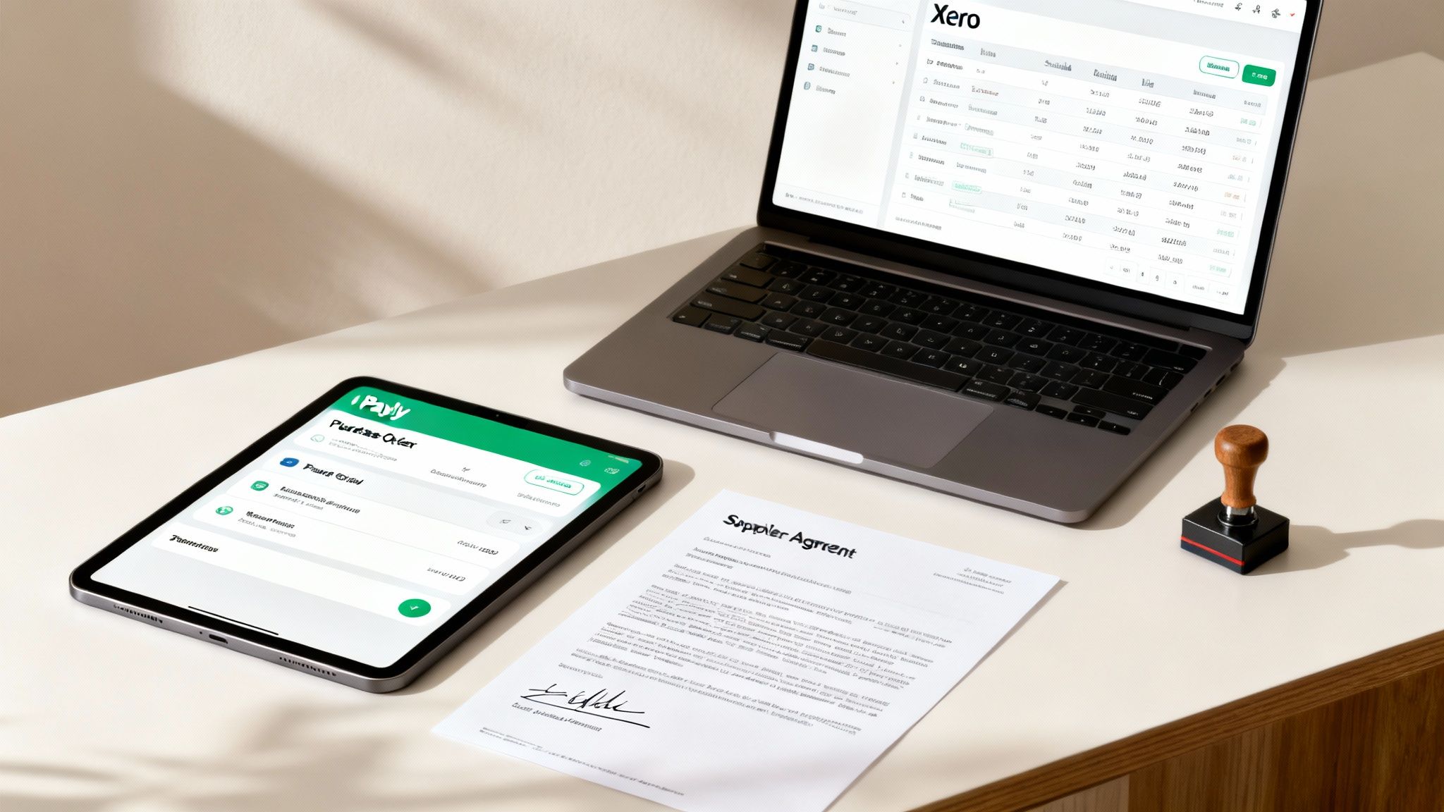 A modern desk setup featuring a laptop with Xero, a tablet showing Payly, and a signed supplier agreement.