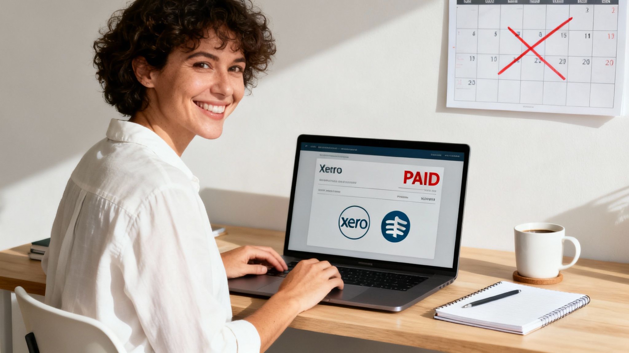 A smiling woman uses a laptop showing Xero and Stripe integration, with a calendar and coffee.