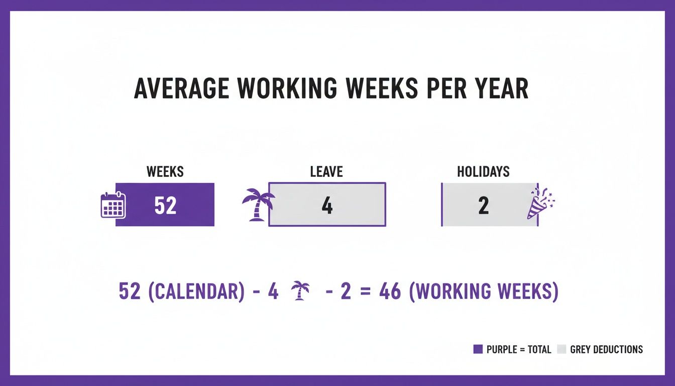 Infographic showing the calculation of average working weeks per year, deducting leave and holidays from total weeks.