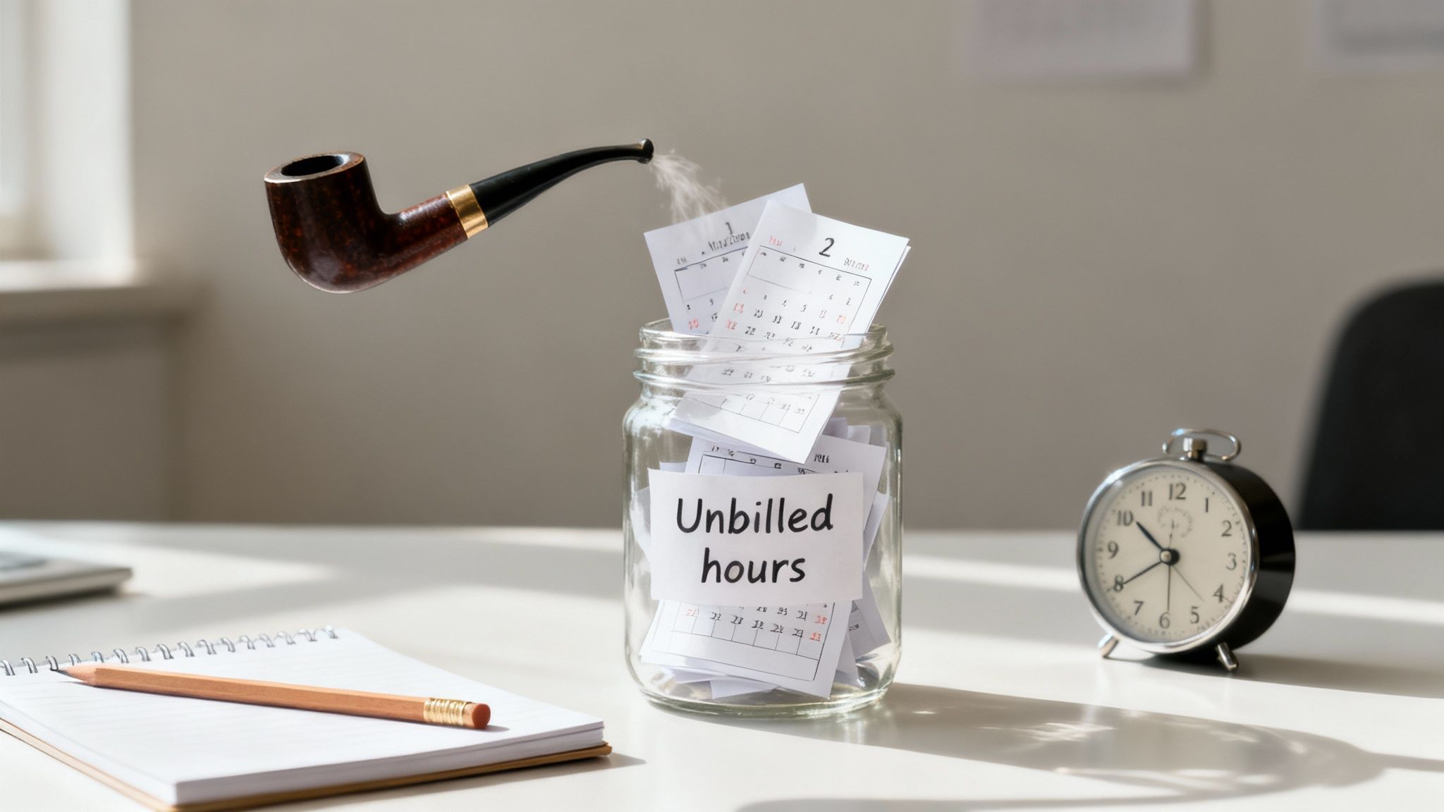A pipe smoking above a jar of 'Unbilled hours' calendar pages, with an alarm clock on a desk.
