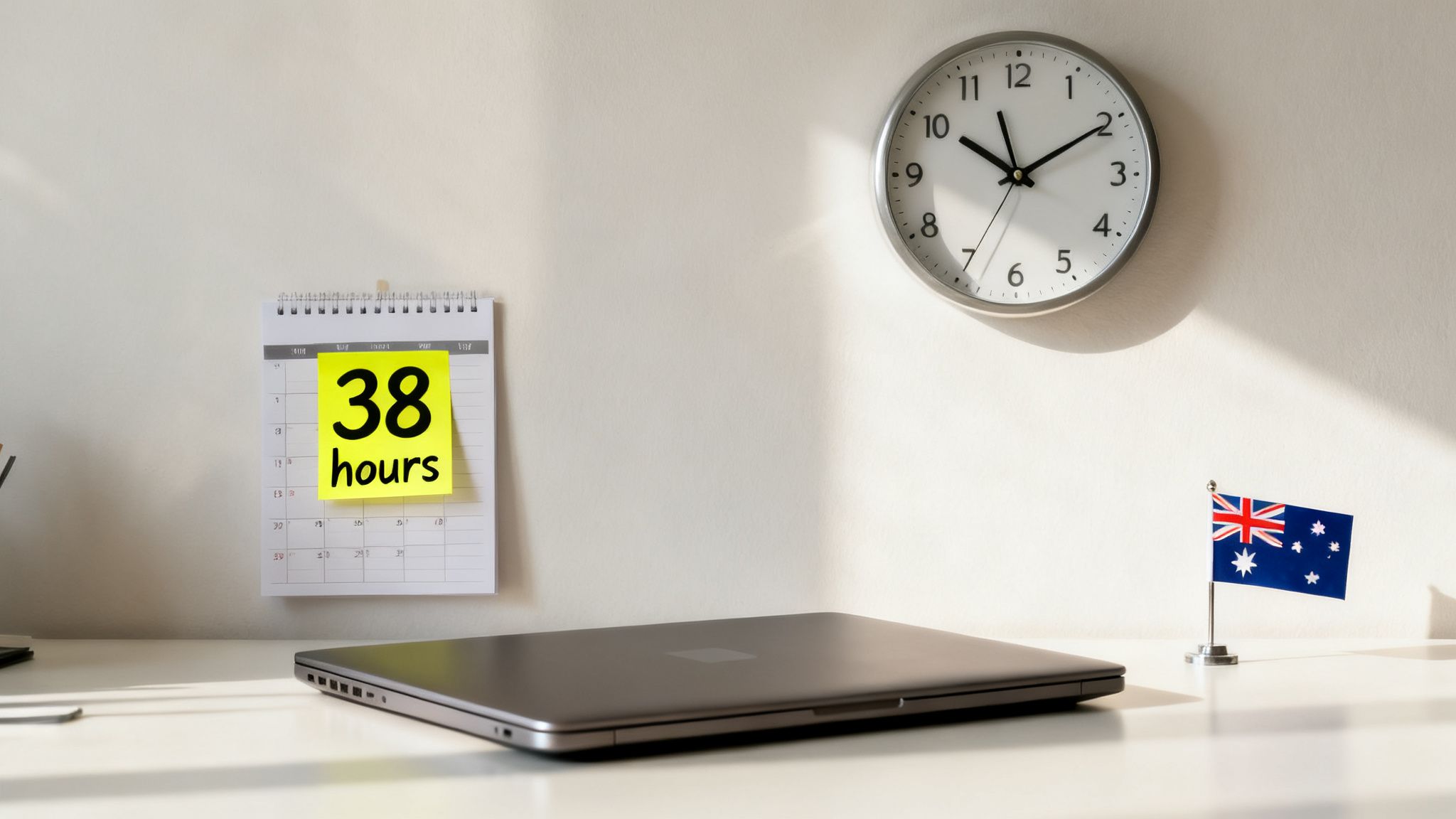 A minimalist desk setup with a laptop, a calendar displaying '38 hours', a clock, and an Australian flag.