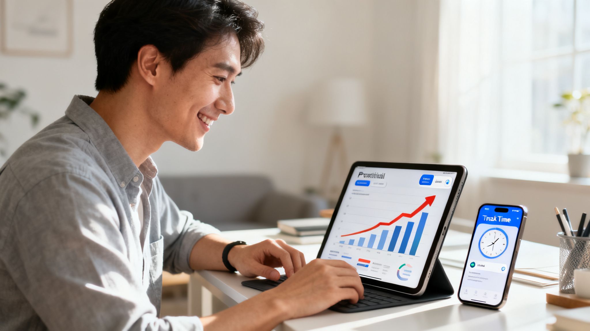 Smiling Asian man works on a tablet with business growth graphs, next to a smartphone with a time-tracking app.