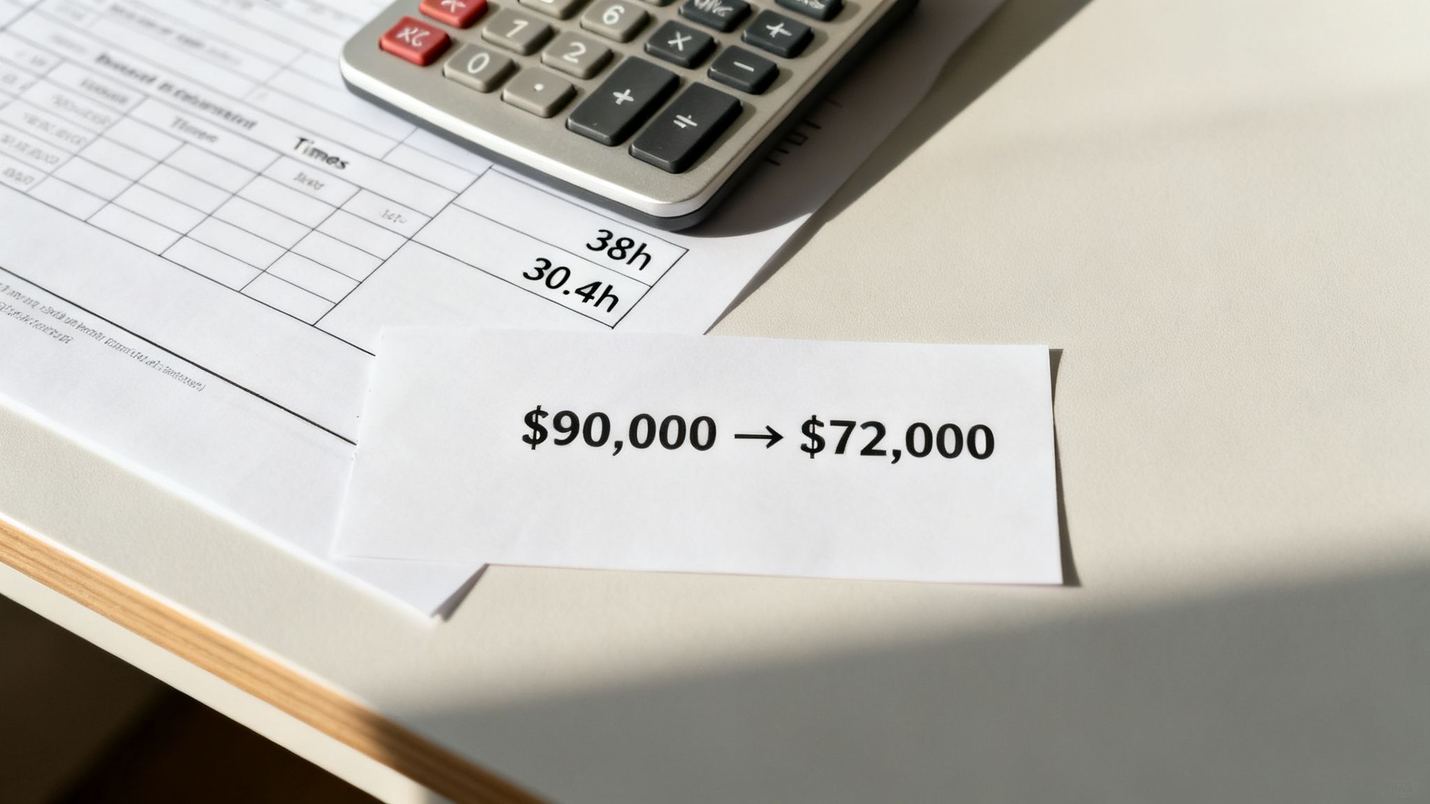 A calculator and a document showing a salary reduction from $90,000 to $72,000.