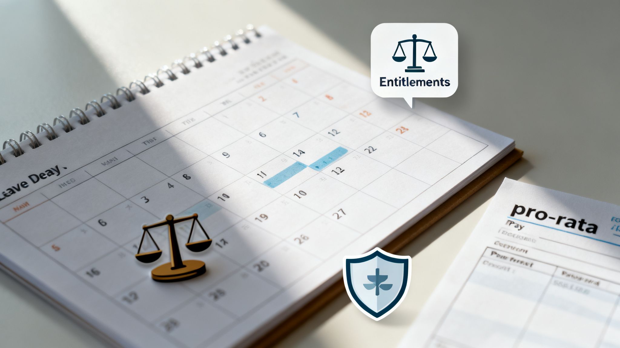 A desktop calendar with marked leave days, a pro-rata document, and symbols for entitlements and justice.