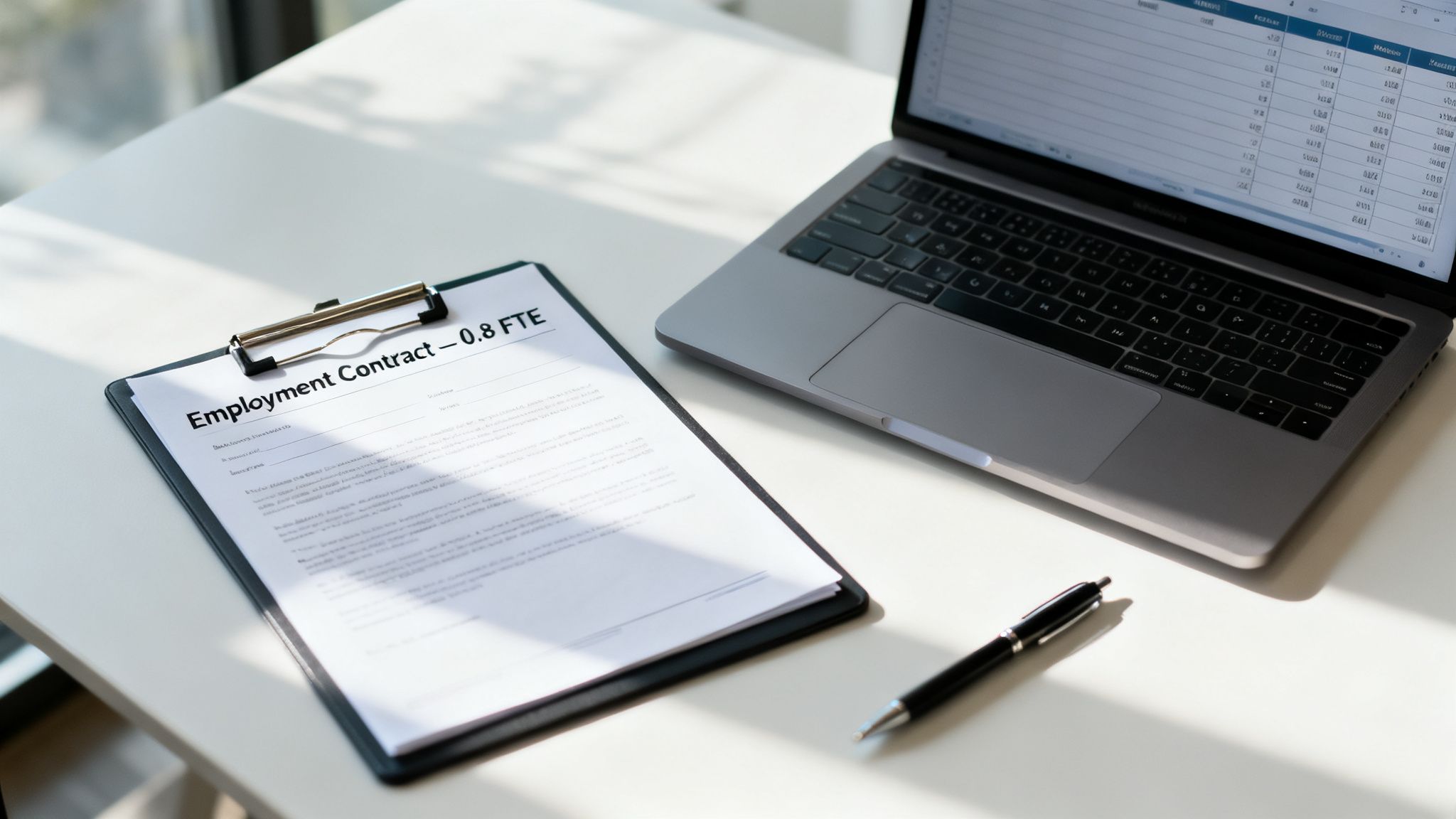 An employment contract for 0.8 FTE on a clipboard, next to a laptop, and a pen on a white desk.