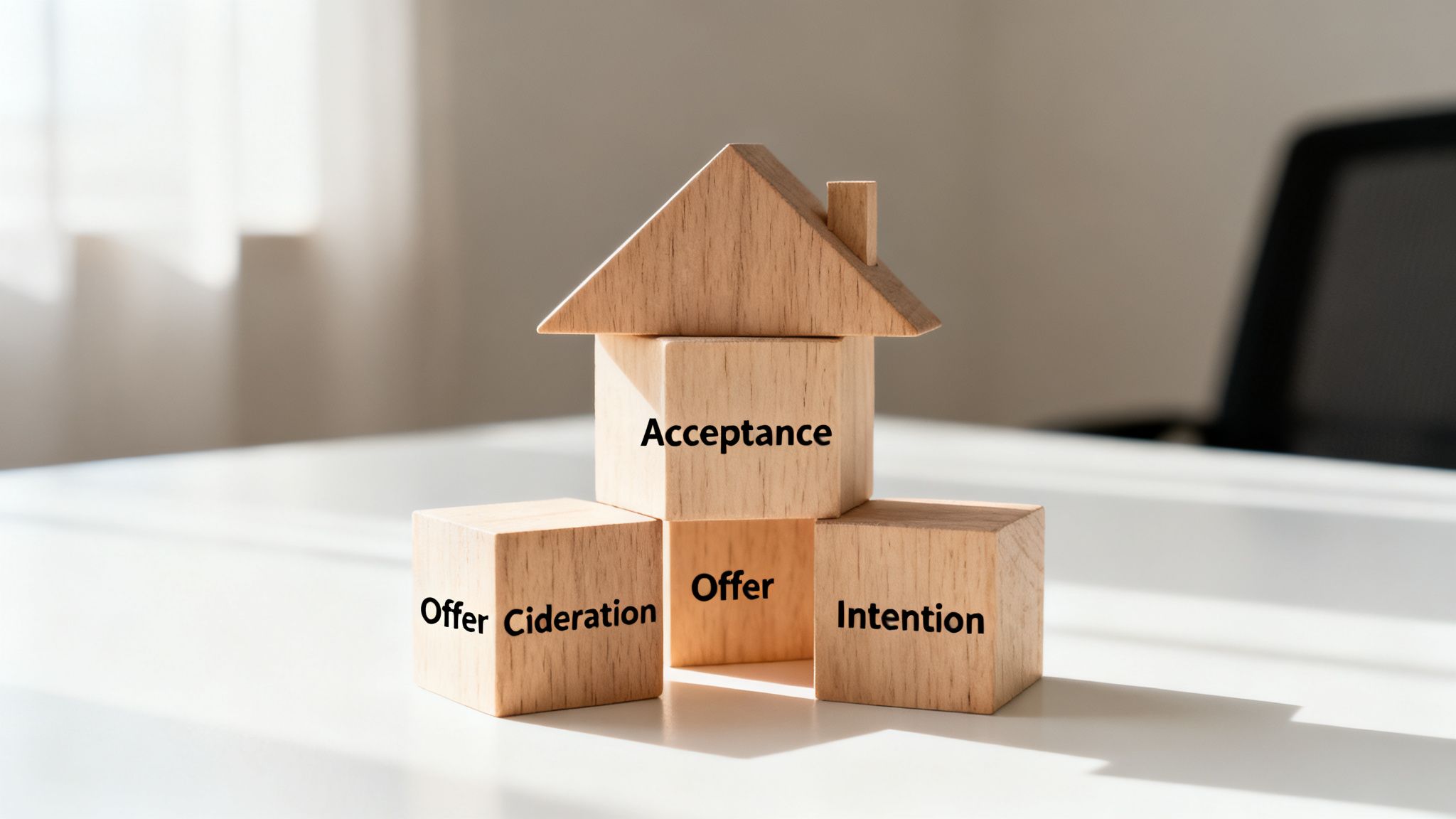 Wooden blocks form a house structure with 'Offer', 'Acceptance', 'Consideration', and 'Intention' written on them, representing contract elements.