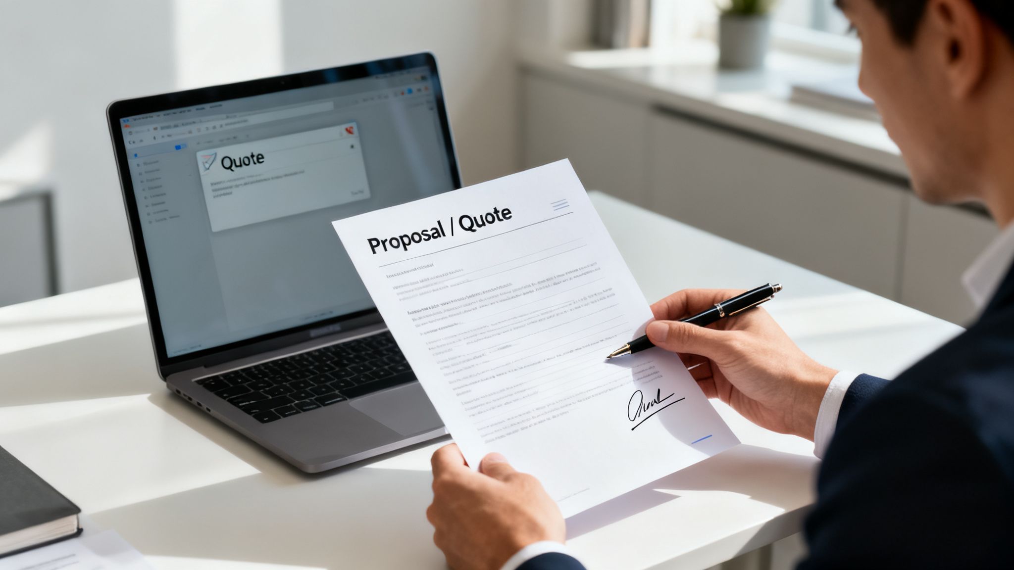 A person signing a business proposal or quote document while a laptop displays a digital quote.