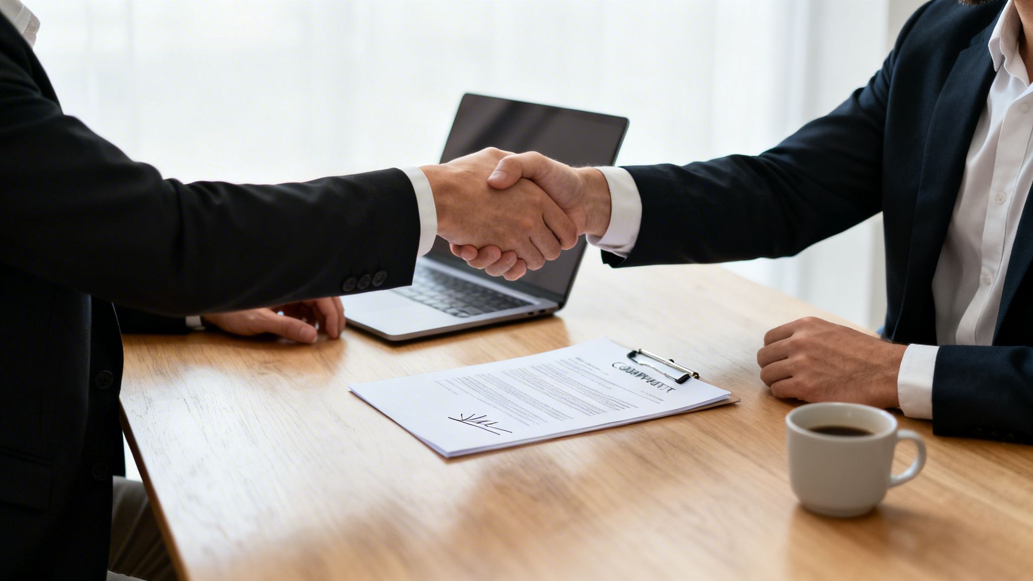 Two business people in suits shaking hands over a signed contract and laptop.
