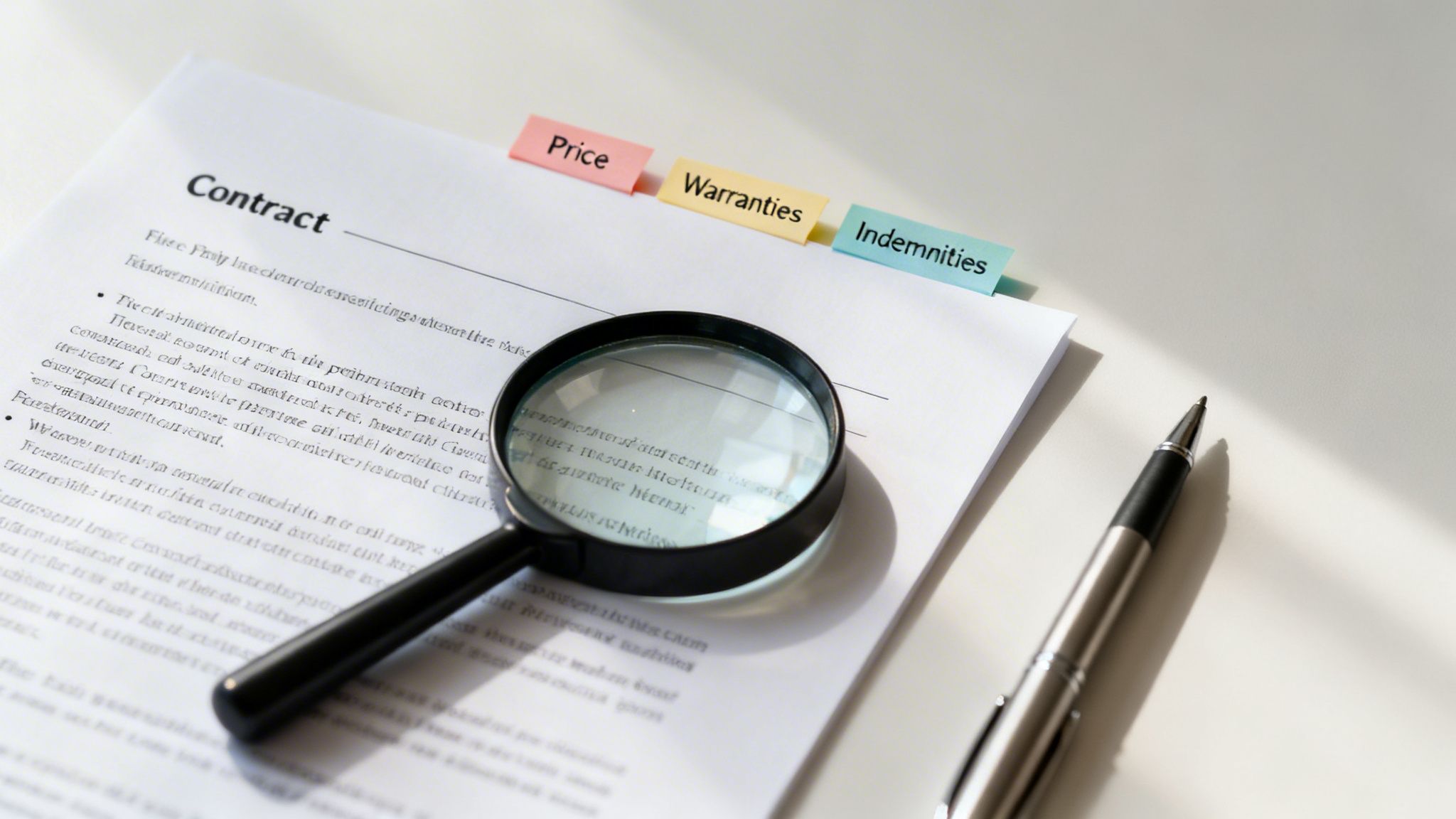 A contract document with tabs for price, warranties, and indemnities, a magnifying glass, and a pen.