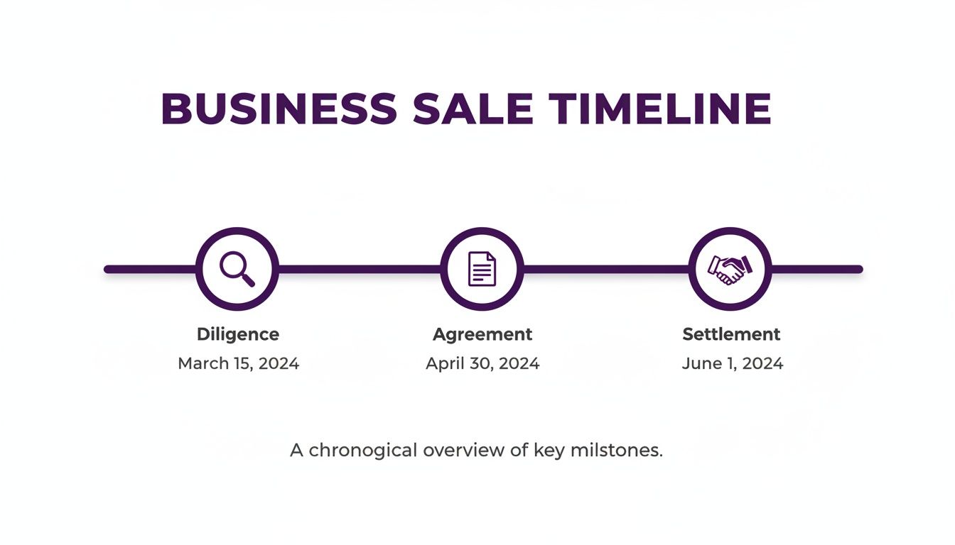 A visual timeline illustrating the key milestones of a business sale transaction.