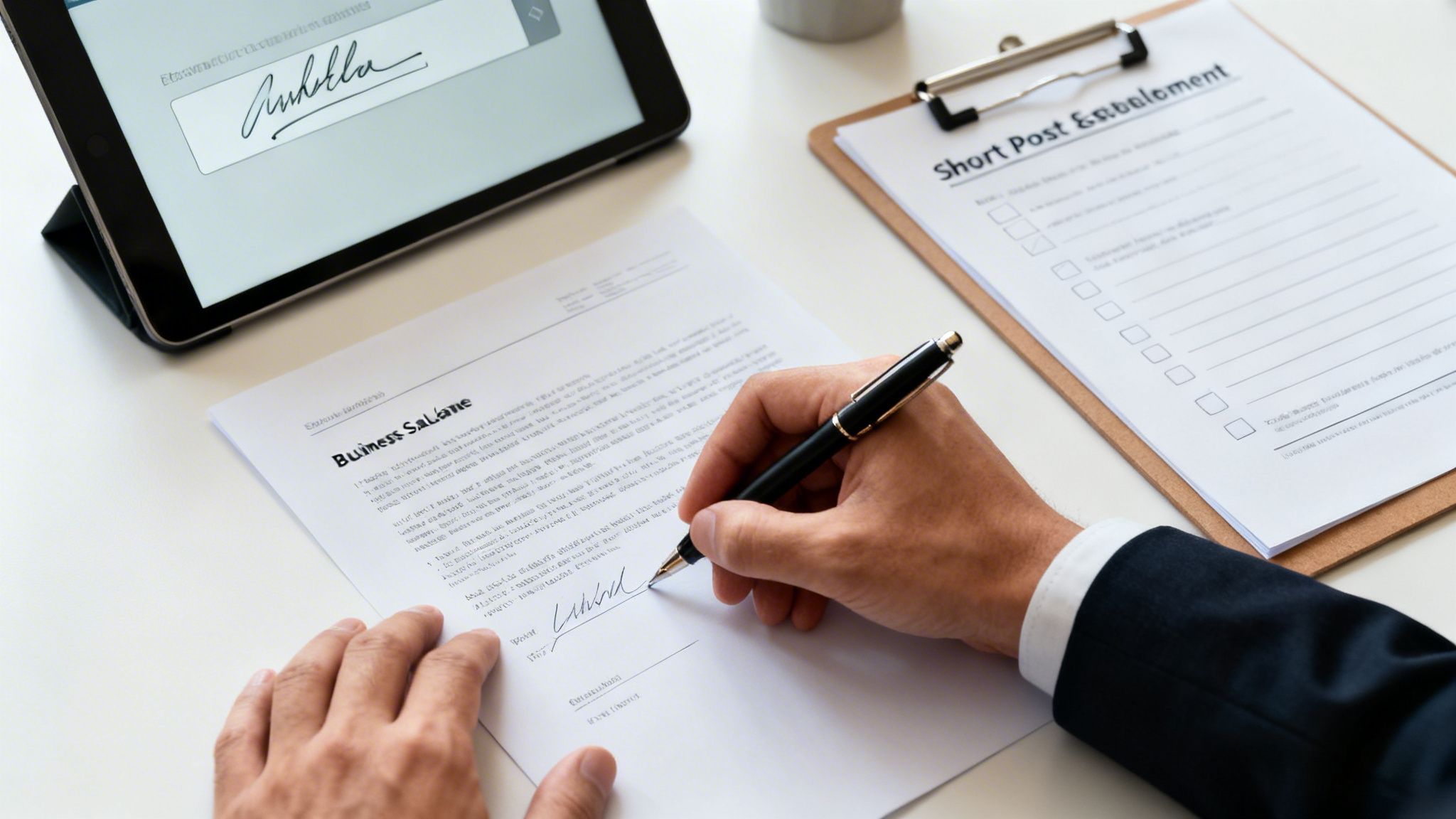 A person's hands signing a physical business agreement with a pen, next to a tablet showing an e-signature.