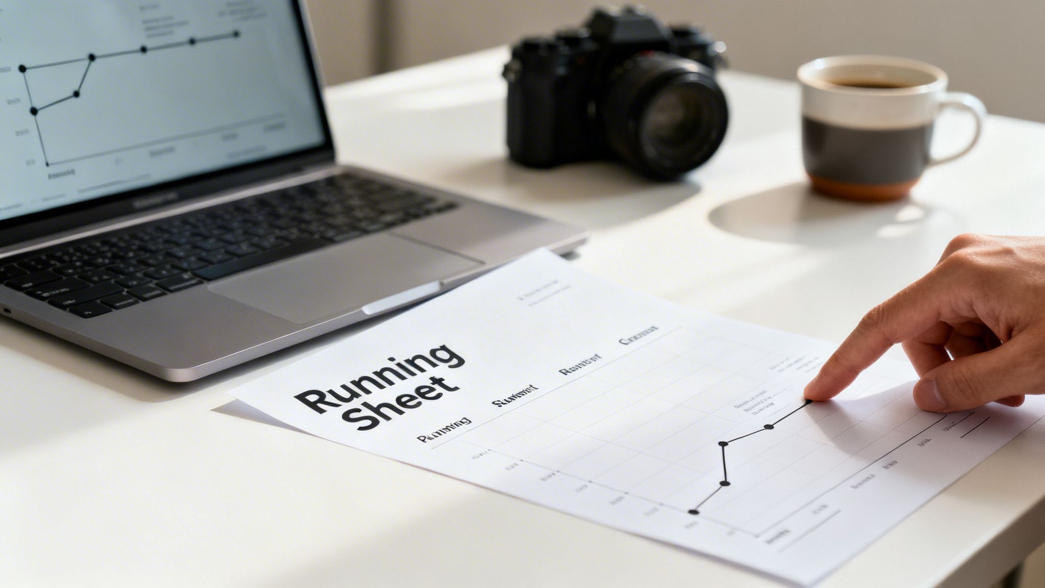 A hand points at a 'Running Sheet' document with a graph, alongside a laptop, camera, and coffee on a white desk.