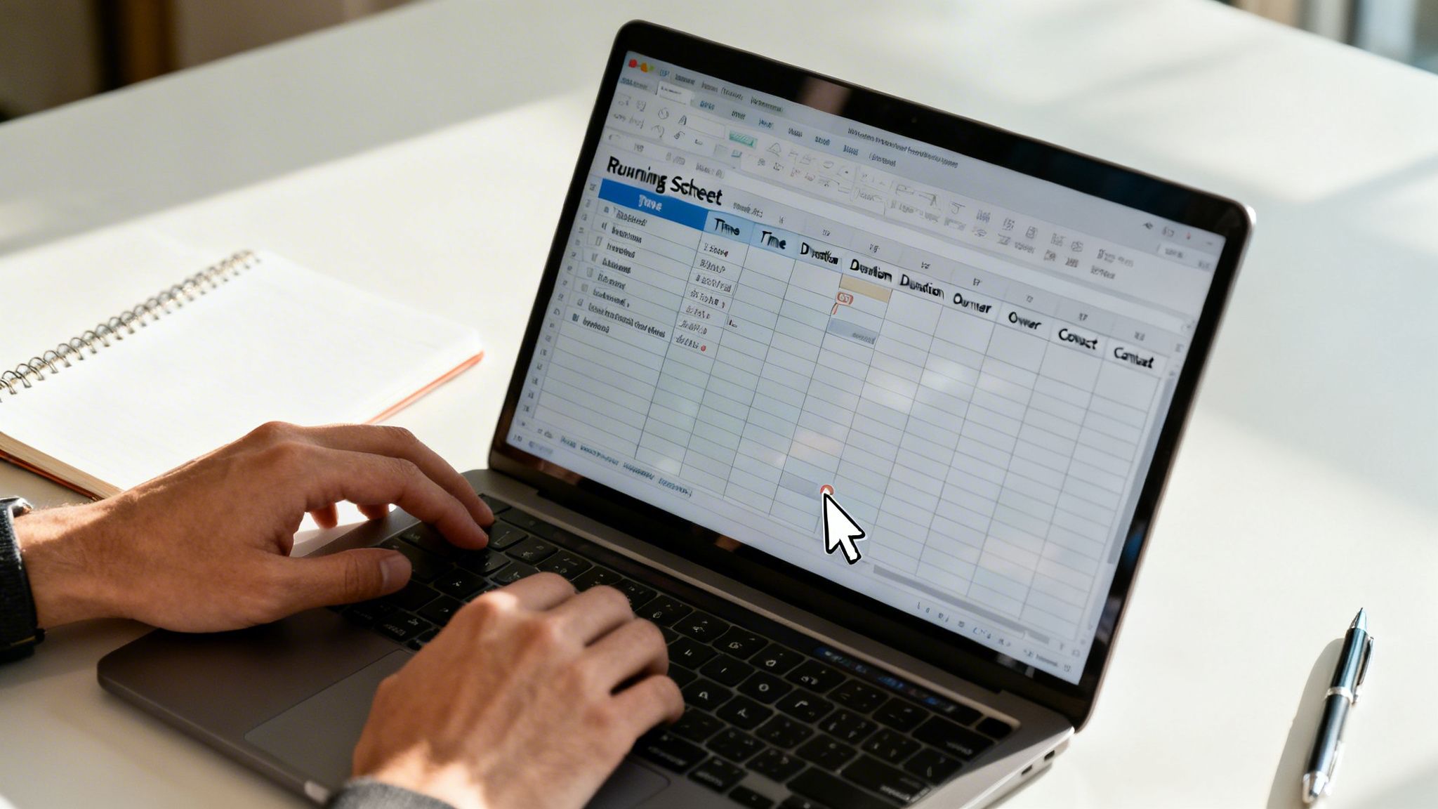 Person typing on a laptop displaying a 'Running Sheet' spreadsheet, with a notebook and pen nearby.