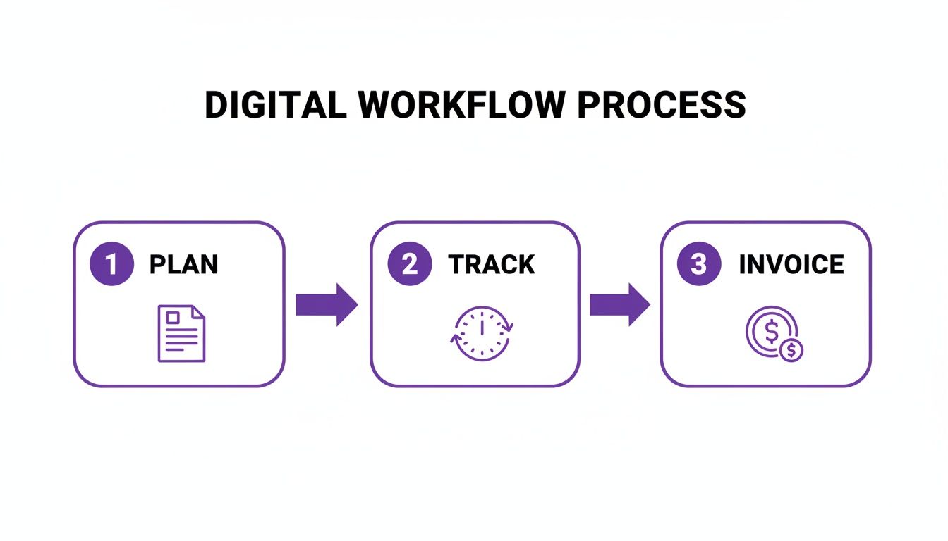A digital workflow process diagram with three steps: Plan (document icon), Track (clock icon), and Invoice (money icon).
