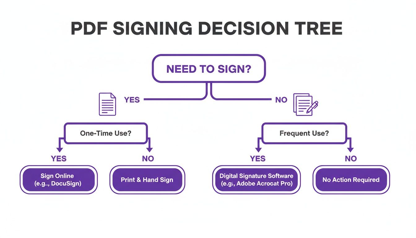 A PDF signing decision tree guiding users on how to sign documents digitally or manually.