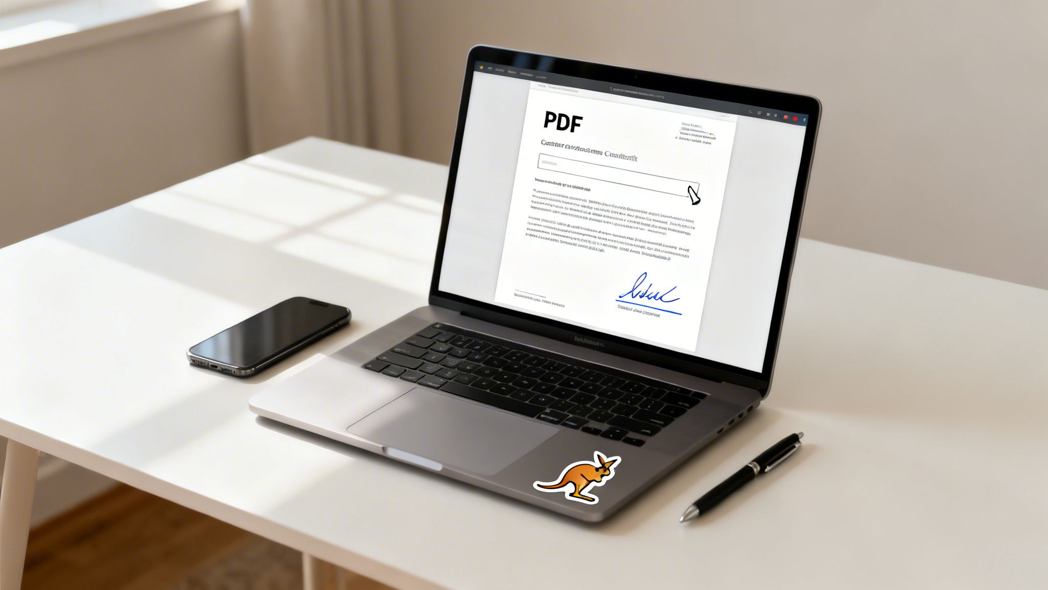 Laptop on a desk displaying a PDF with a digital signature, a smartphone, and a pen.