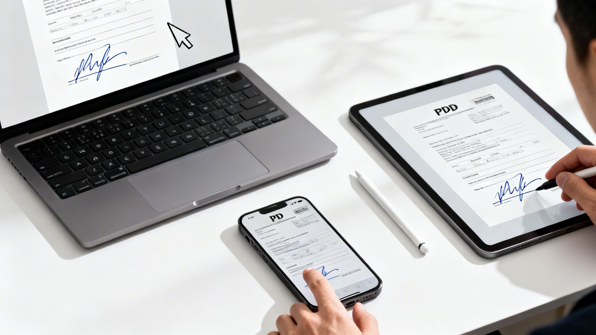 A person digitally signing a document with an e-signature across laptop, tablet, and smartphone.