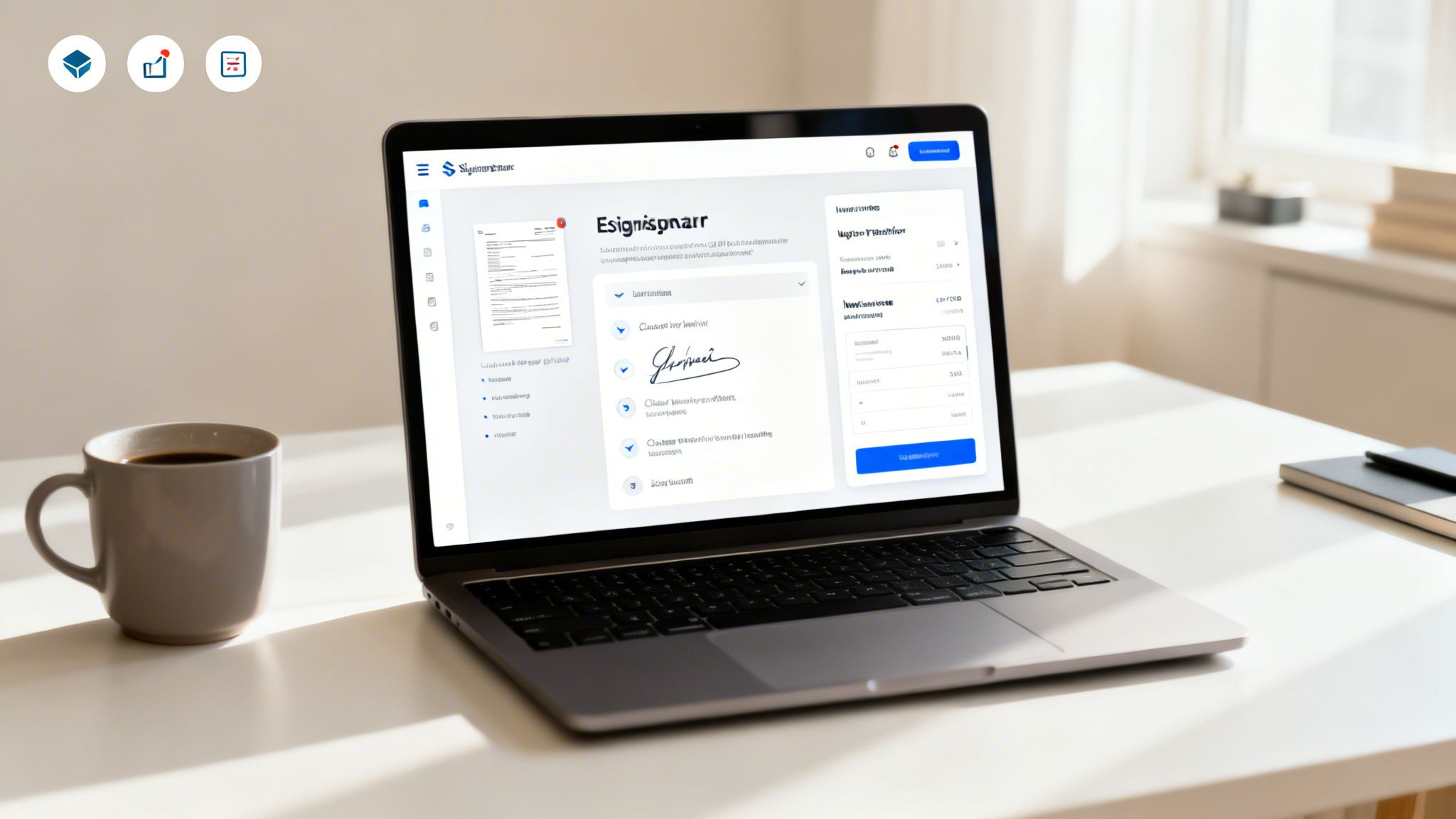 A laptop on a white desk displaying an e-signature application with a coffee cup beside it.