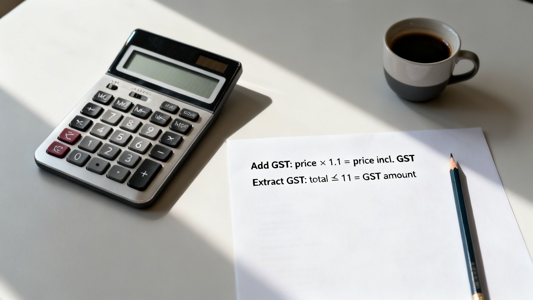 A calculator, a sheet of paper showing GST calculation formulas, a pencil, and a coffee cup on a desk.